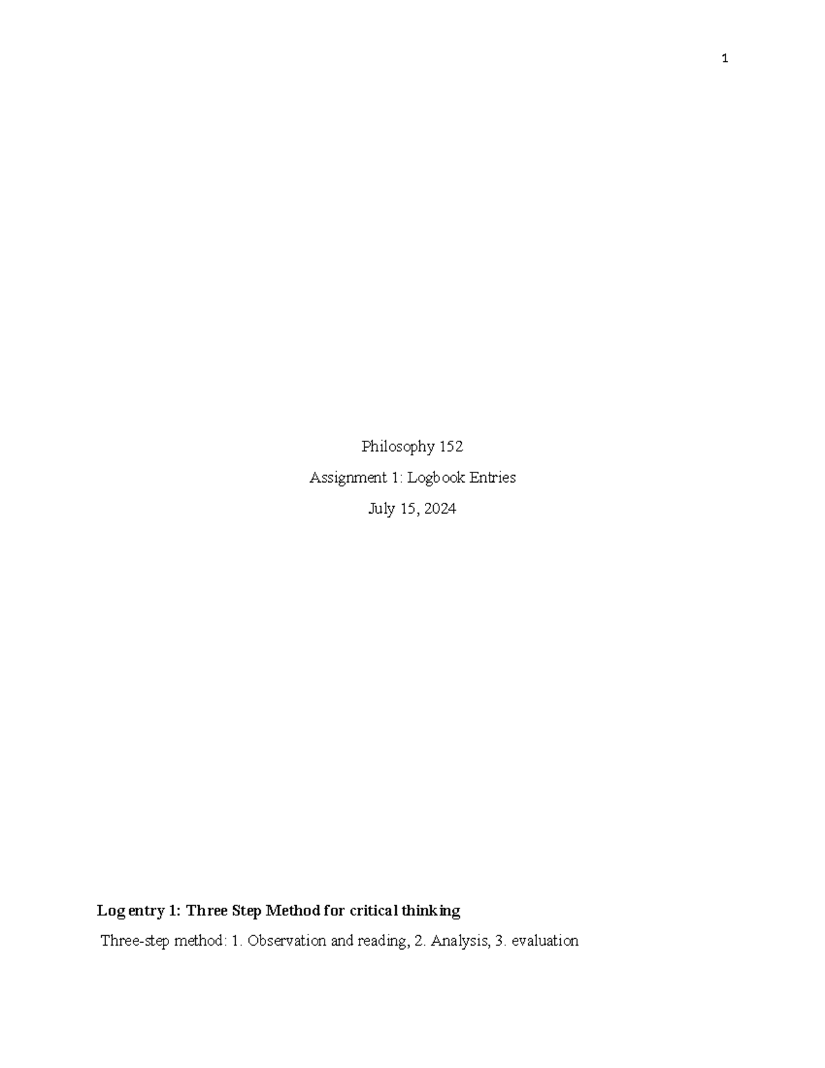 Philosophy 152 Assignment 1: Critical Thinking Logbook Entries - Studocu