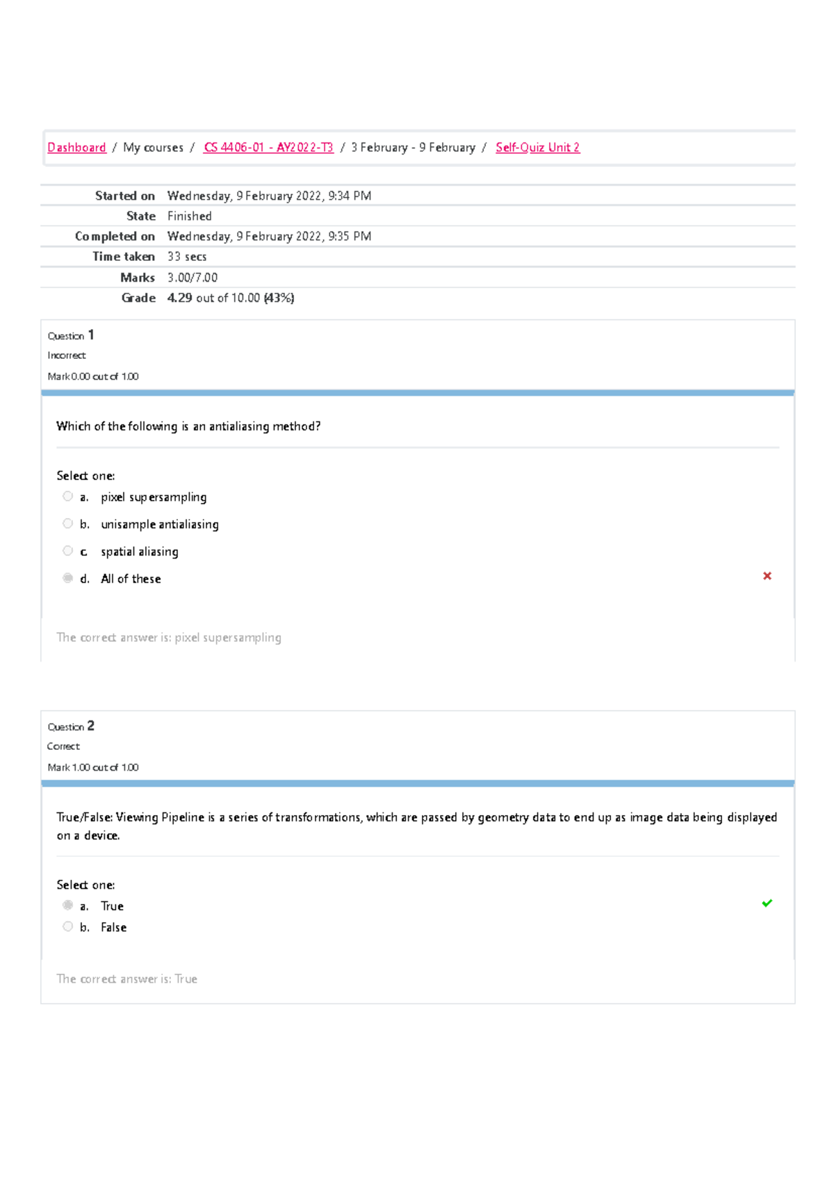 CS 4406-01 Self-Quiz Review for Unit 2 Attempt 2 - Studocu