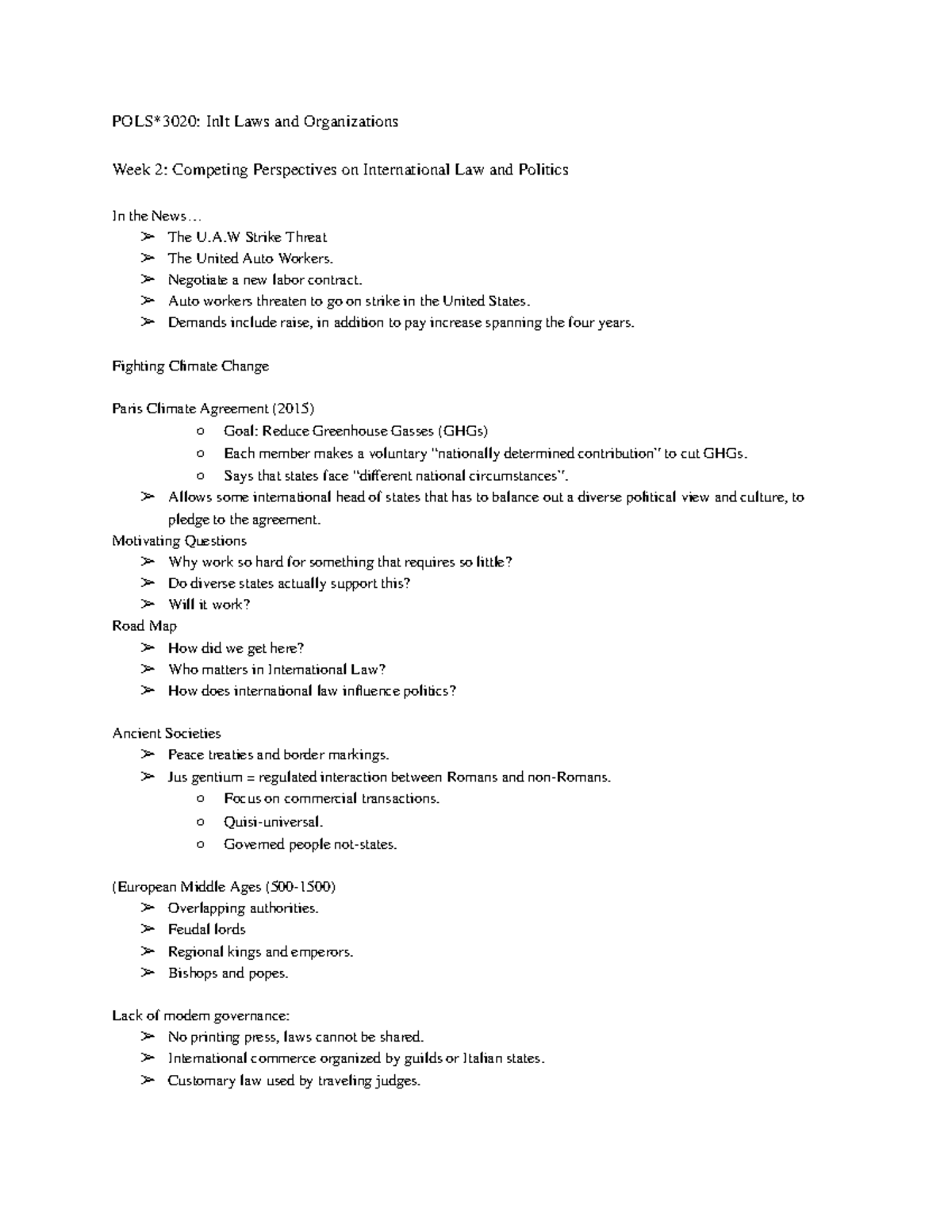 POLS*3020: Week 2 Lecture Notes on Int'l Law & Organizations - Studocu