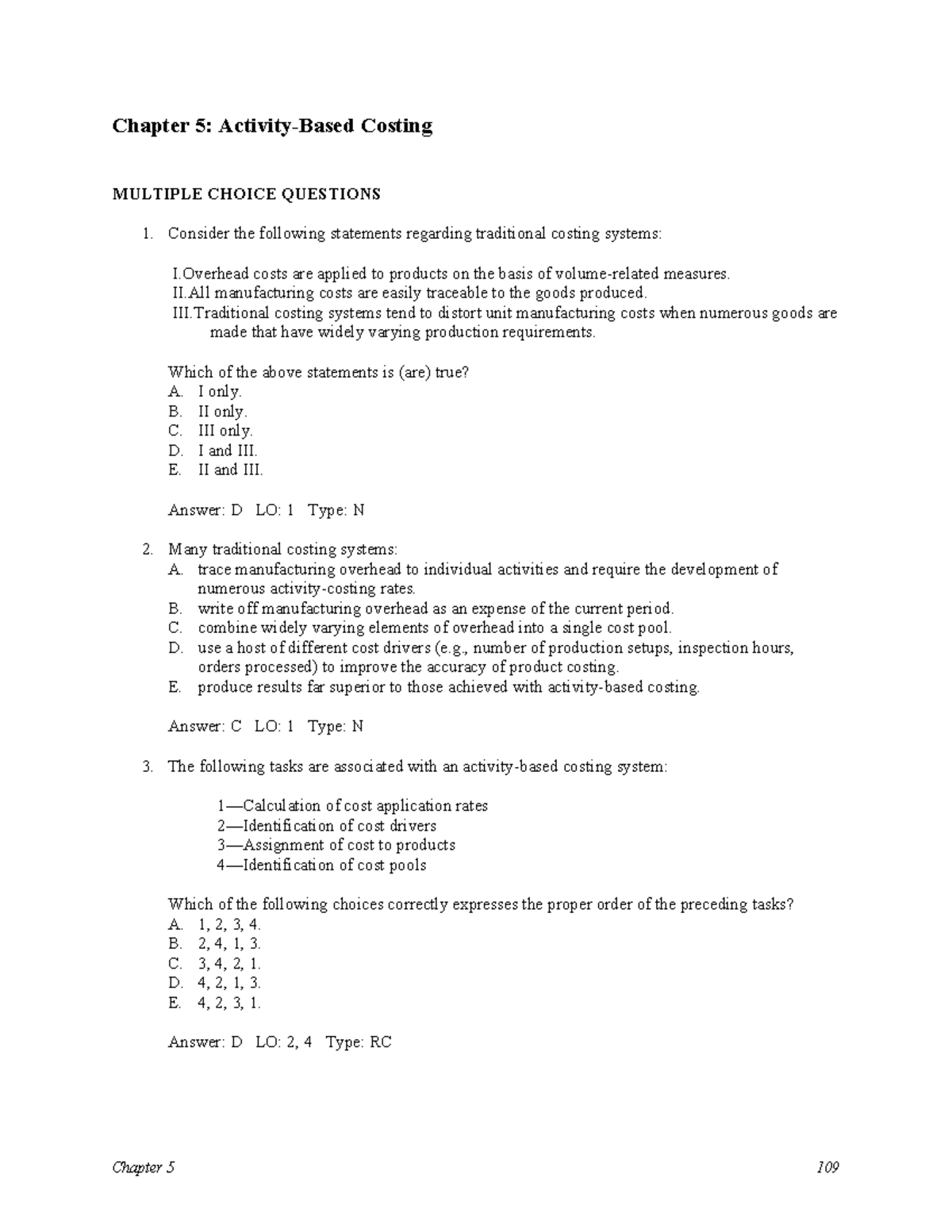 Chapter 05: Activity-Based Costing Multiple Choice Questions - Studocu