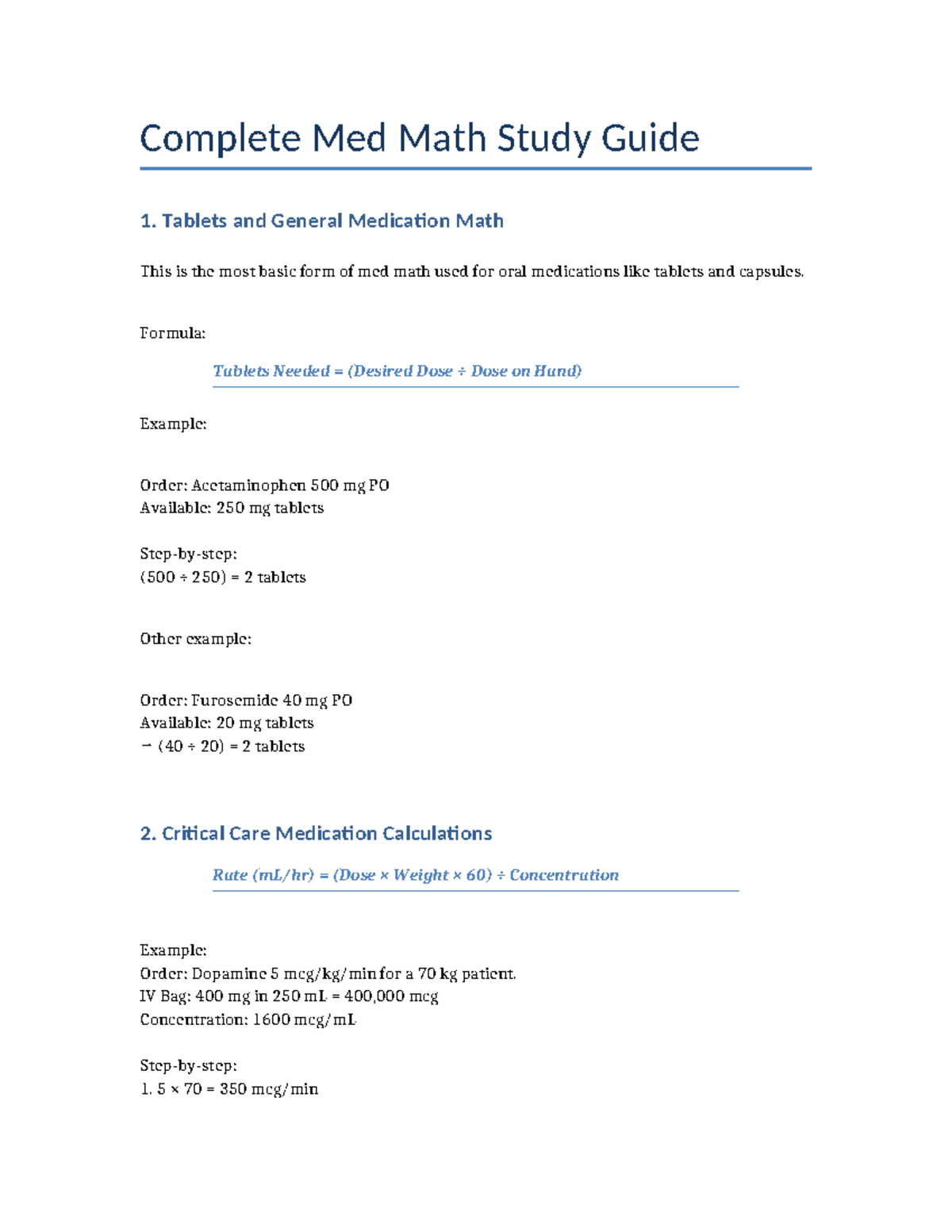 Med Math Study Guide: Tablets & Critical Care Calculations - Studocu