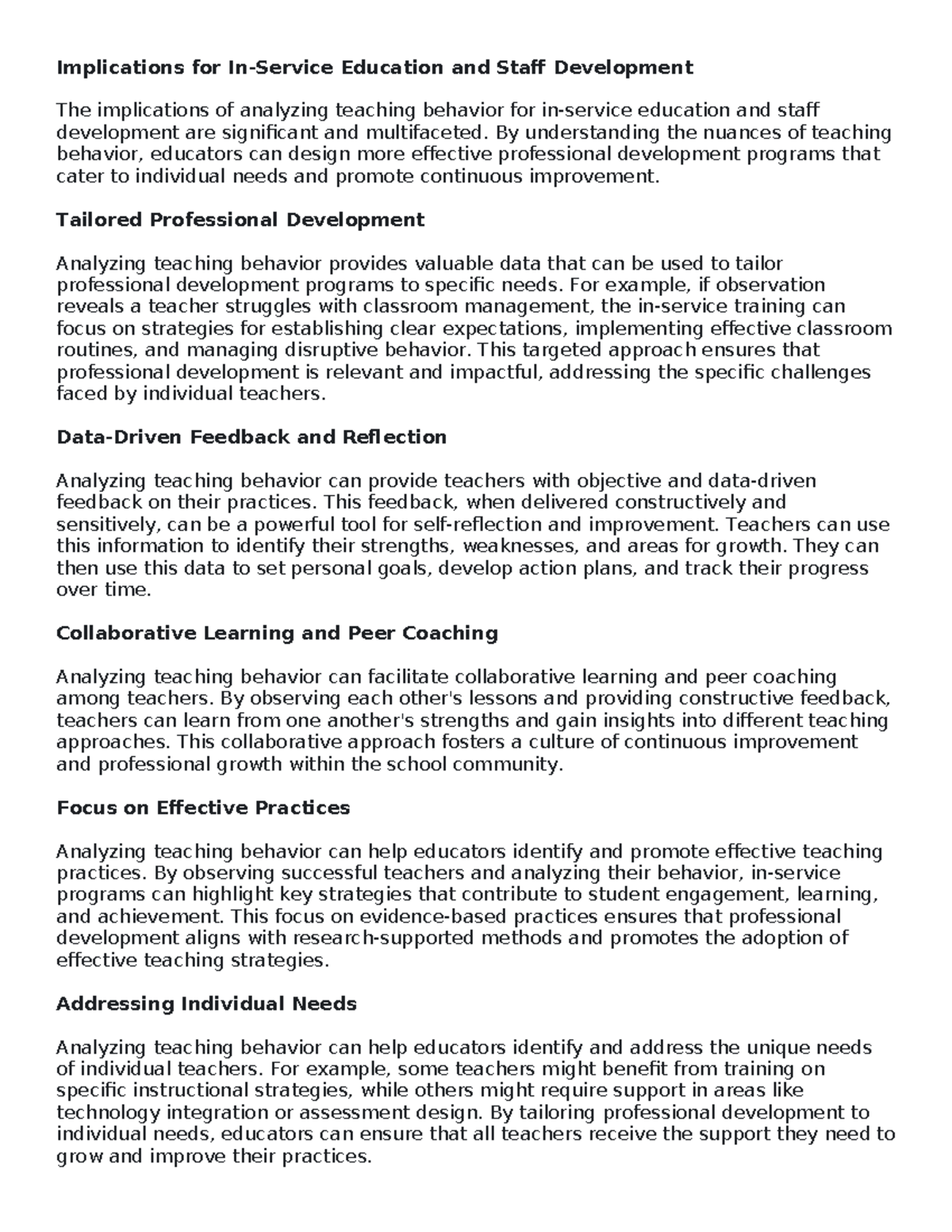Implications for In-Service Ed & Staff Dev: Analyzing Teaching Behavior ...