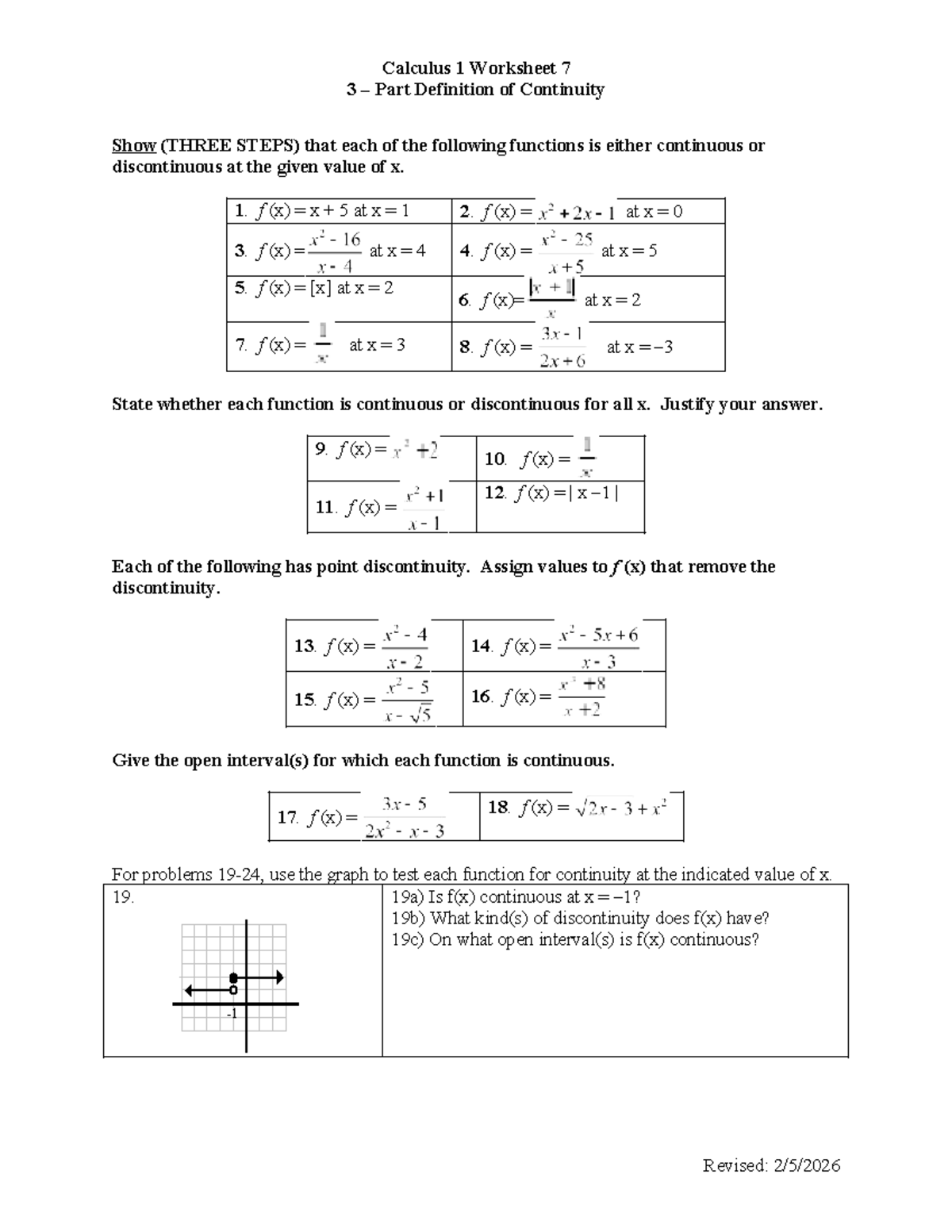 Calculus 1 Worksheet 7: Definition of Continuity Analysis - Studocu