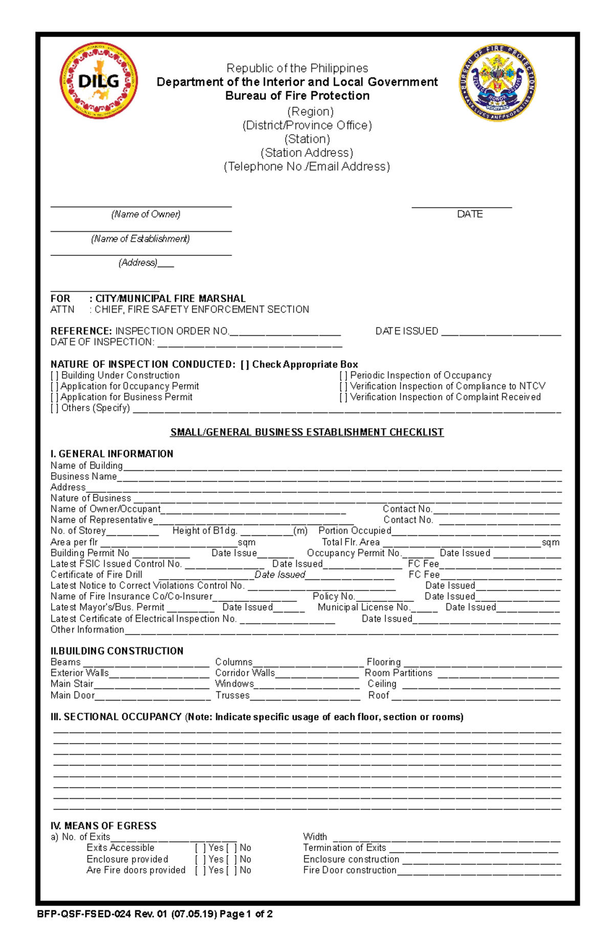 FSED 024 Small General Business Establishment Inspection Checklist ...