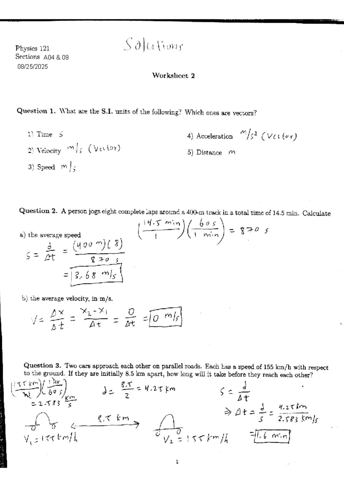 Physics 121 Worksheet 2 Solutions: S.I. Units & Vectors - Studocu