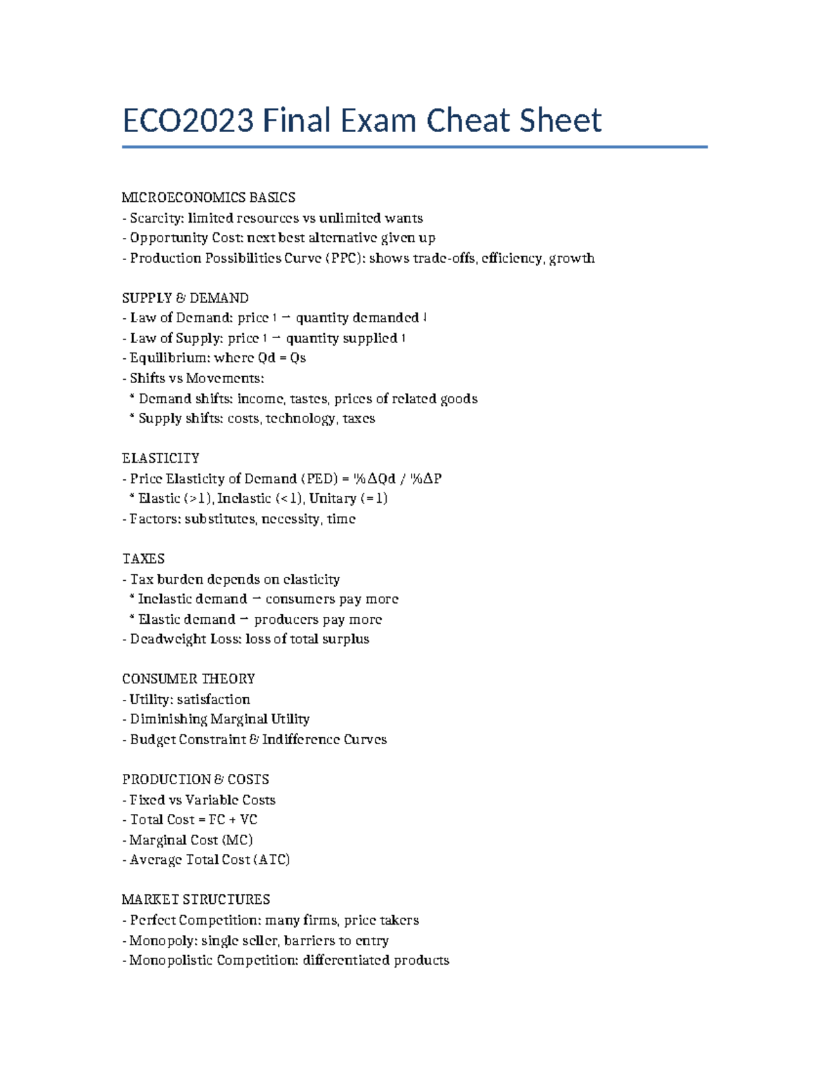 ECO2023 Final Exam Cheat Sheet: Key Microeconomics Concepts - Studocu