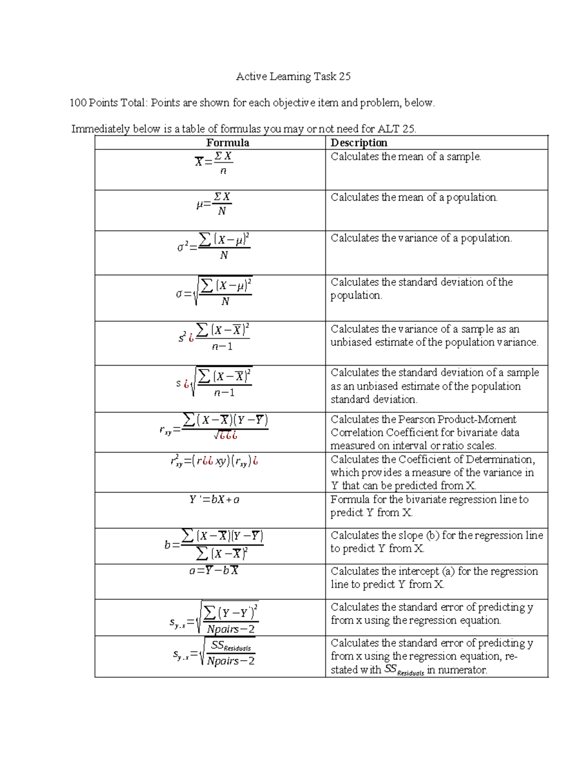 Active Learning Task 25 - Immediately below is a table of formulas you ...