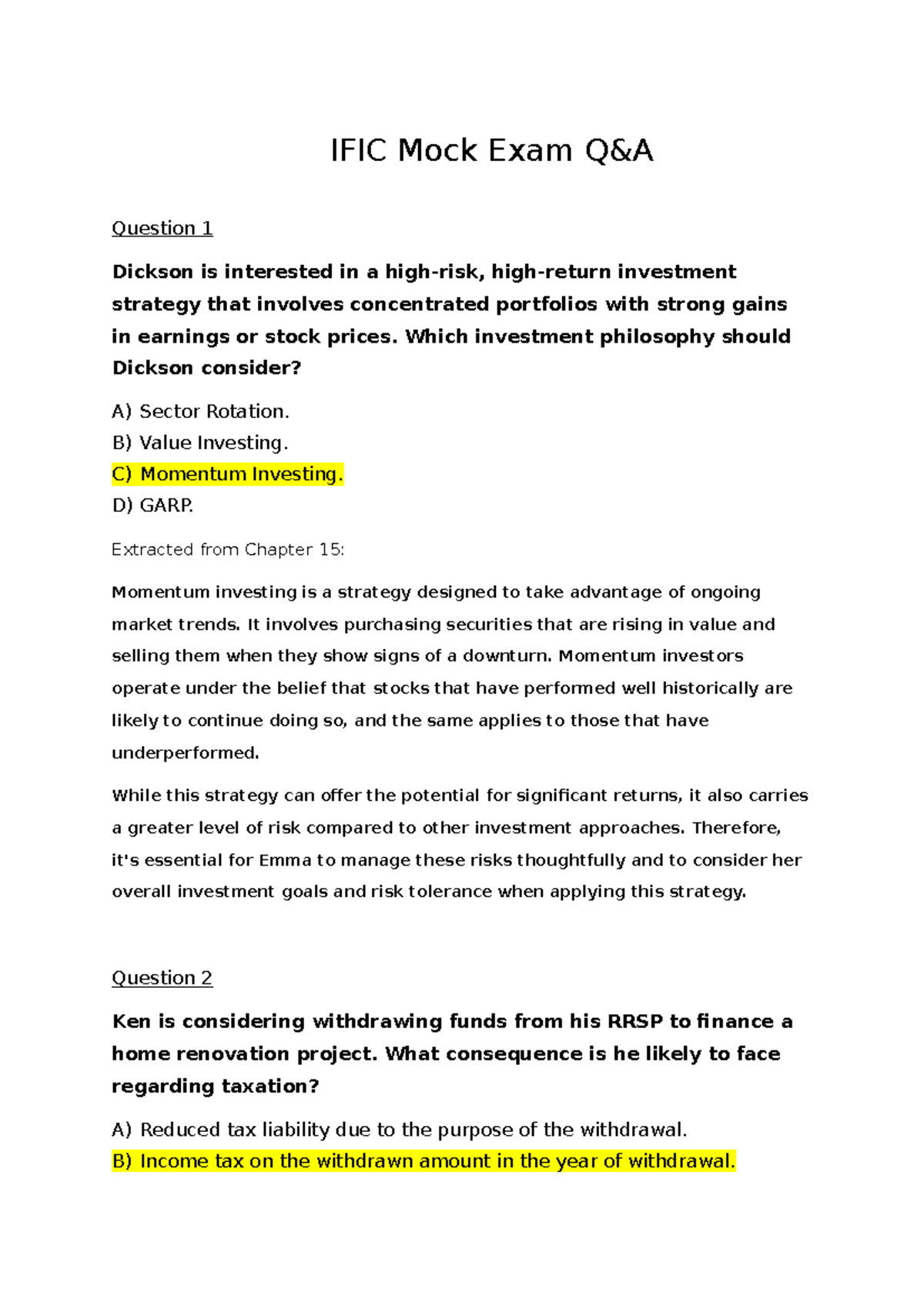 IFIC Mock Exam 2: Investment Strategies and Tax Implications - Studocu