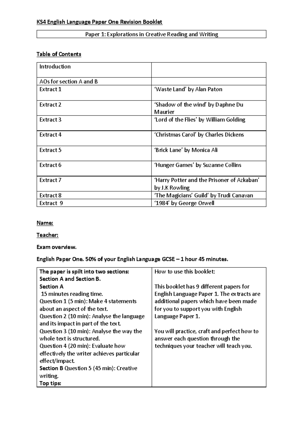 KS4 English Language Paper 1 Revision Guide: Creative Reading & Writing ...