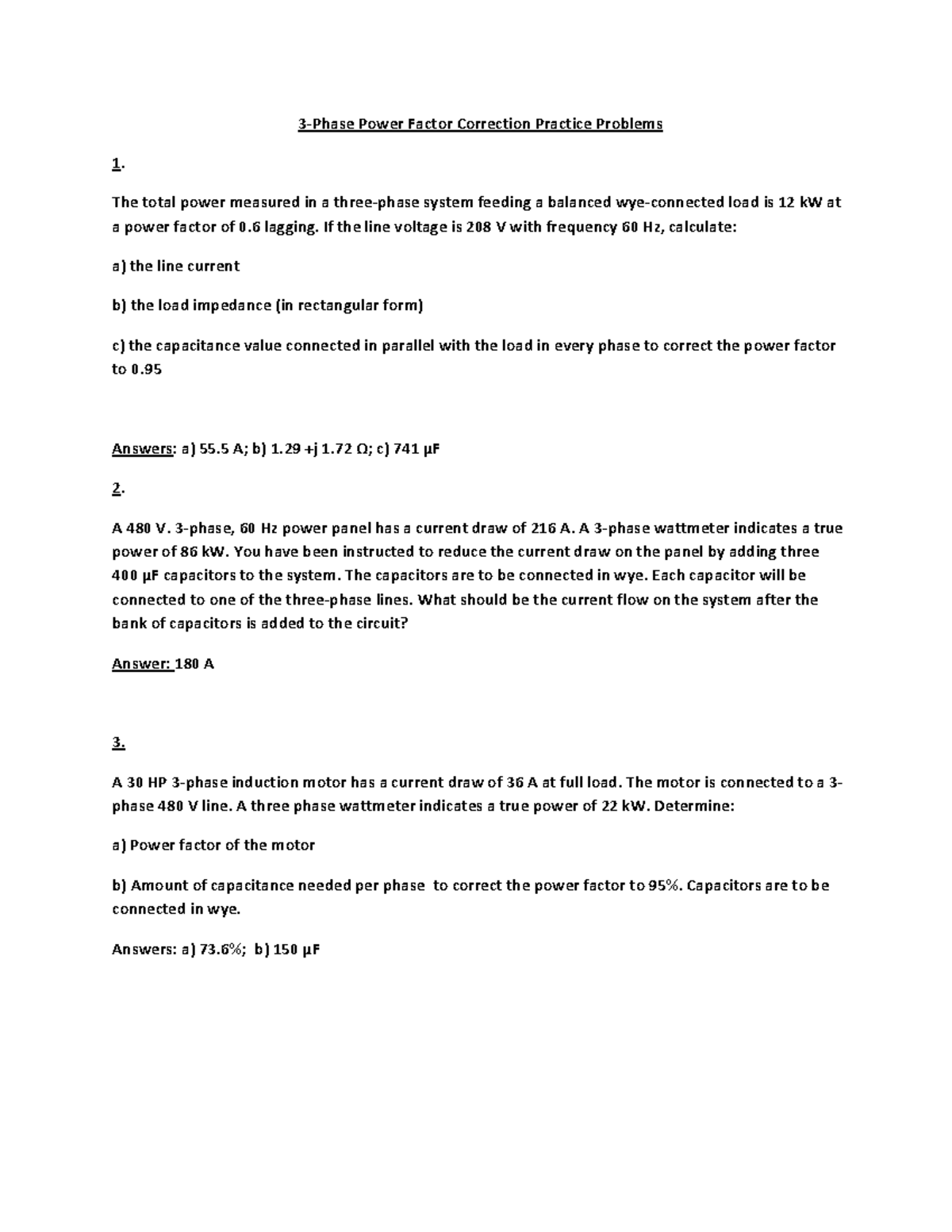 3-Phase Power Factor Correction Practice Problems Rev 2 - Studocu