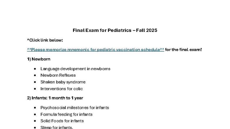 Peds Final Exam Study Guide Fall 2025 - Final Exam for Pediatrics ...
