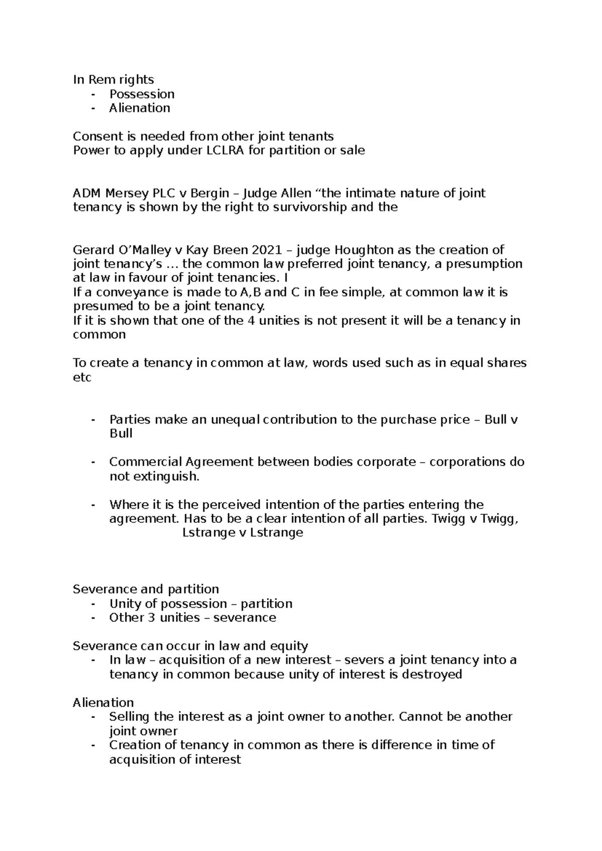 Property Law II: Joint Tenancy, Tenancy in Common & Case Analysis - Studocu