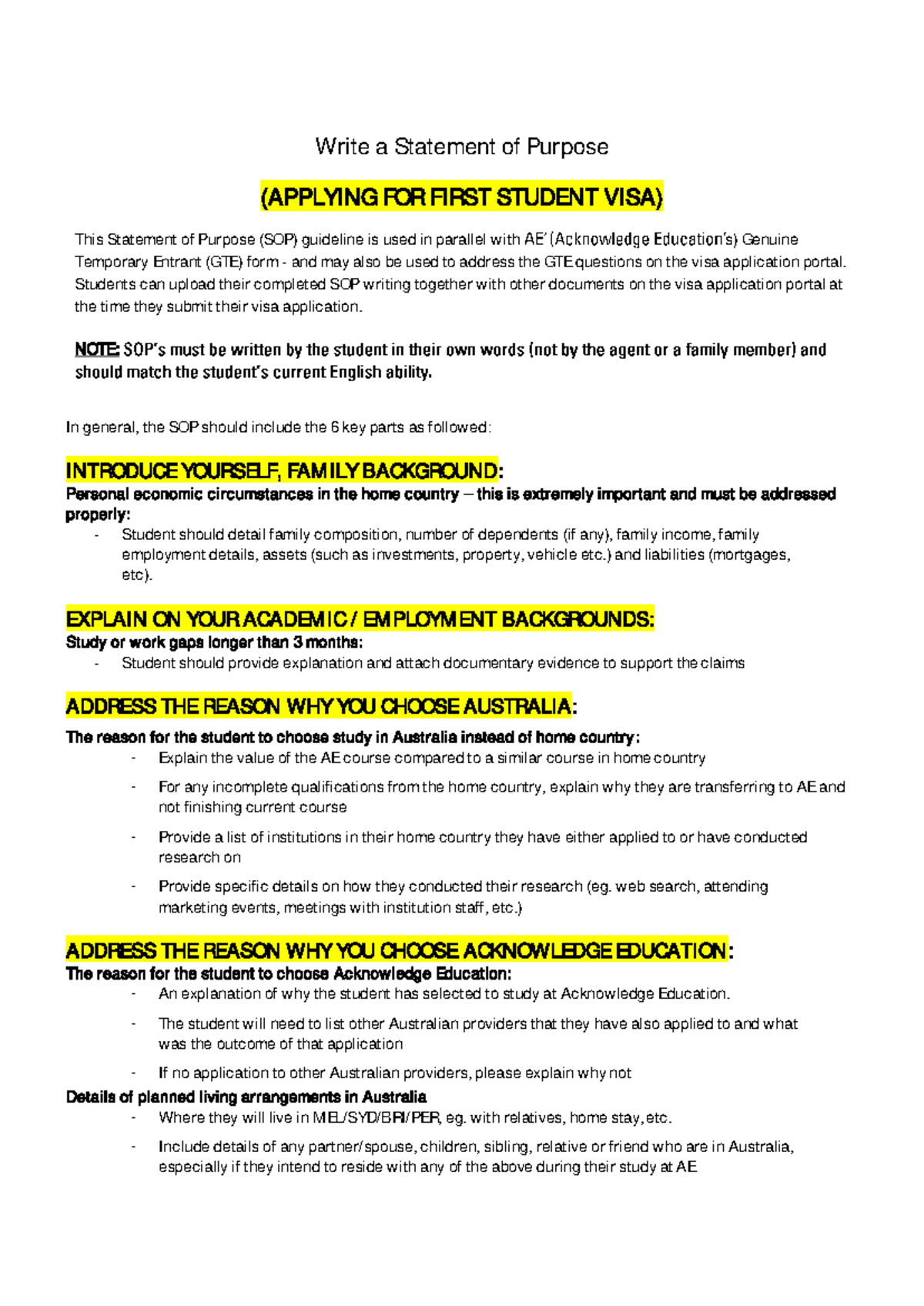 Statement of Purpose (SOP) for First Student Visa Application - Studocu