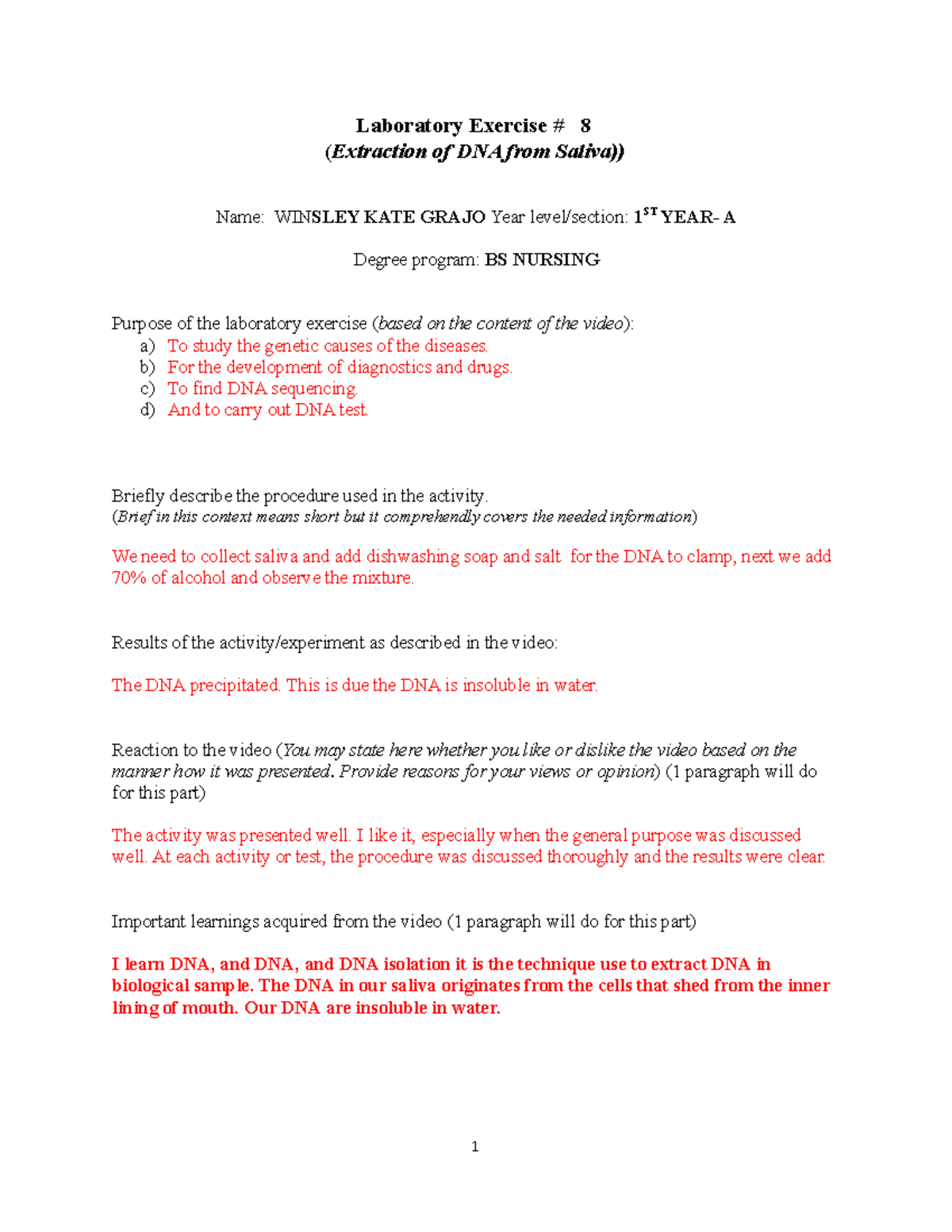 Extraction of DNA from Saliva: Lab Activity #8 for BS Nursing - Studocu