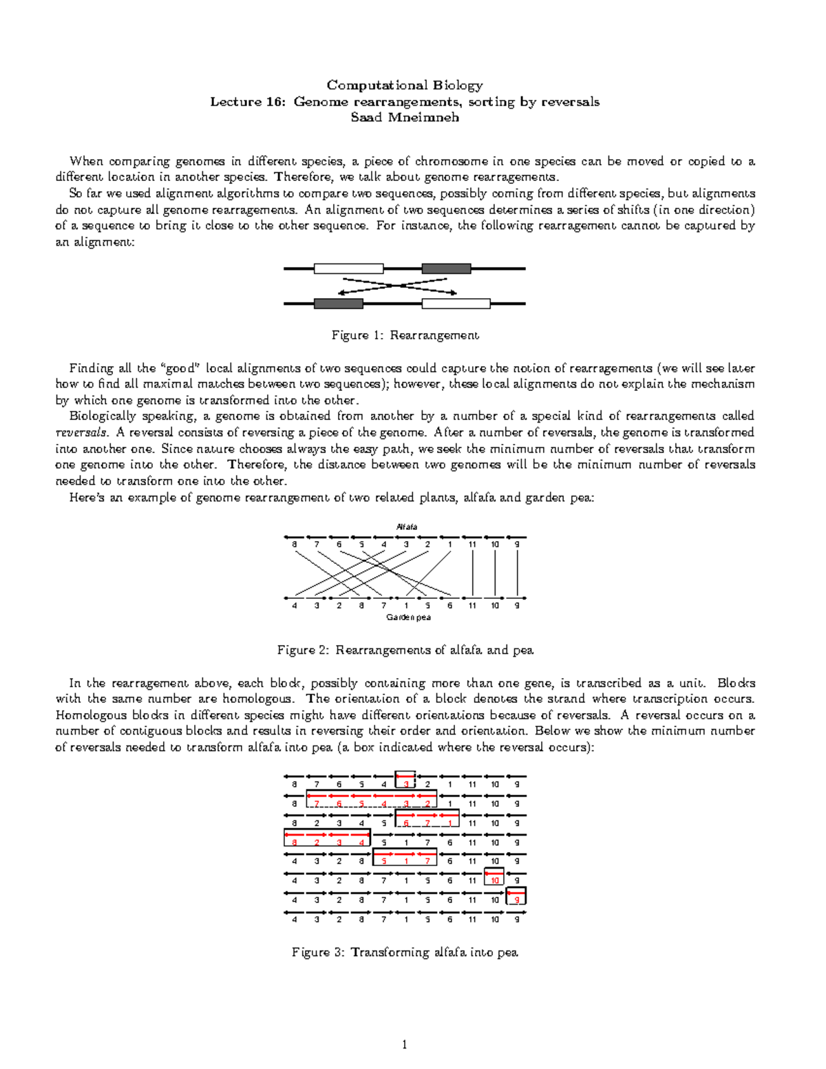 Lecture 16 Genome rearrangements, sorting by reversals - Computational ...