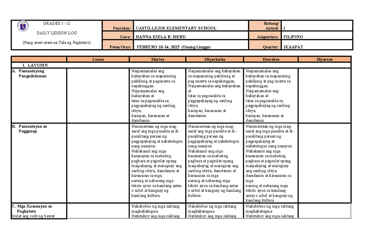 Q4 DLL Filipino 1 WEEK 1 - DLL - GRADES 1- 12 DAILY LESSON LOG (Pang ...