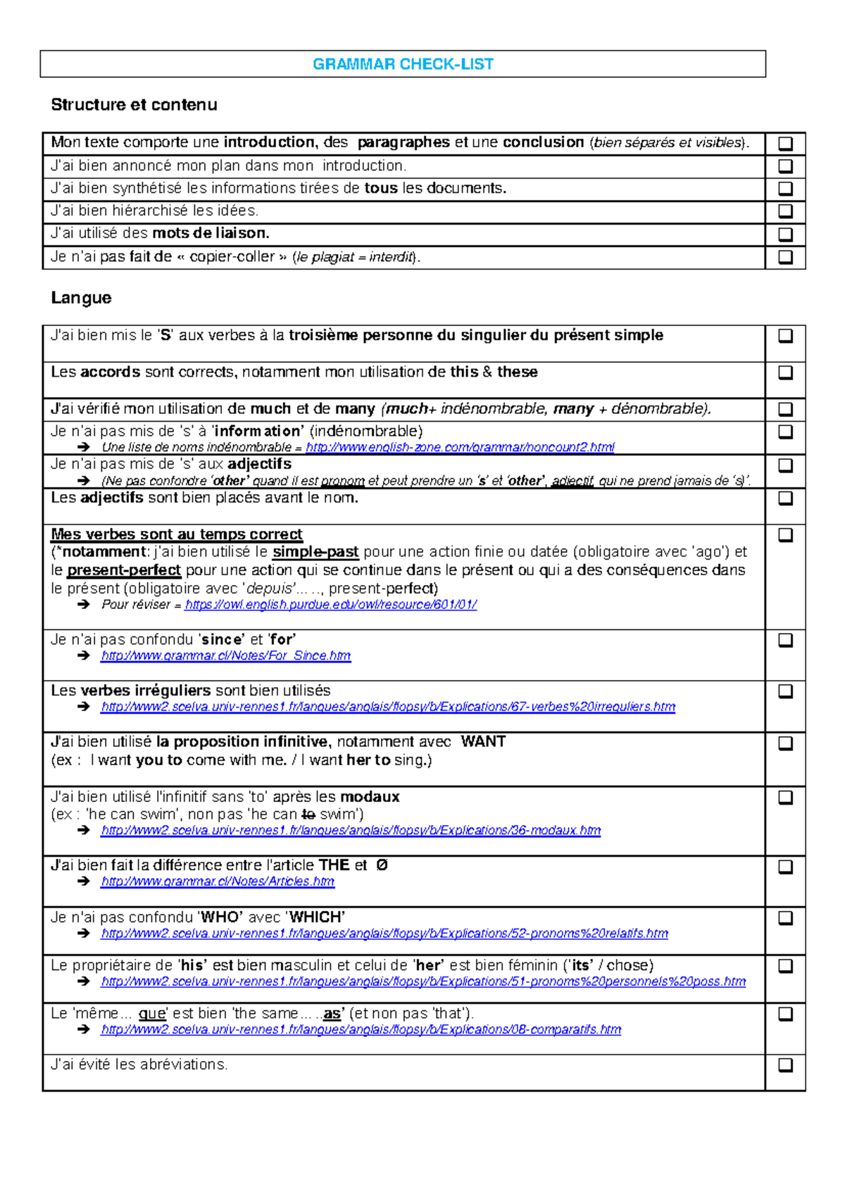 Grammar Checklist: Structure et Contenu (FR 101) - Studocu