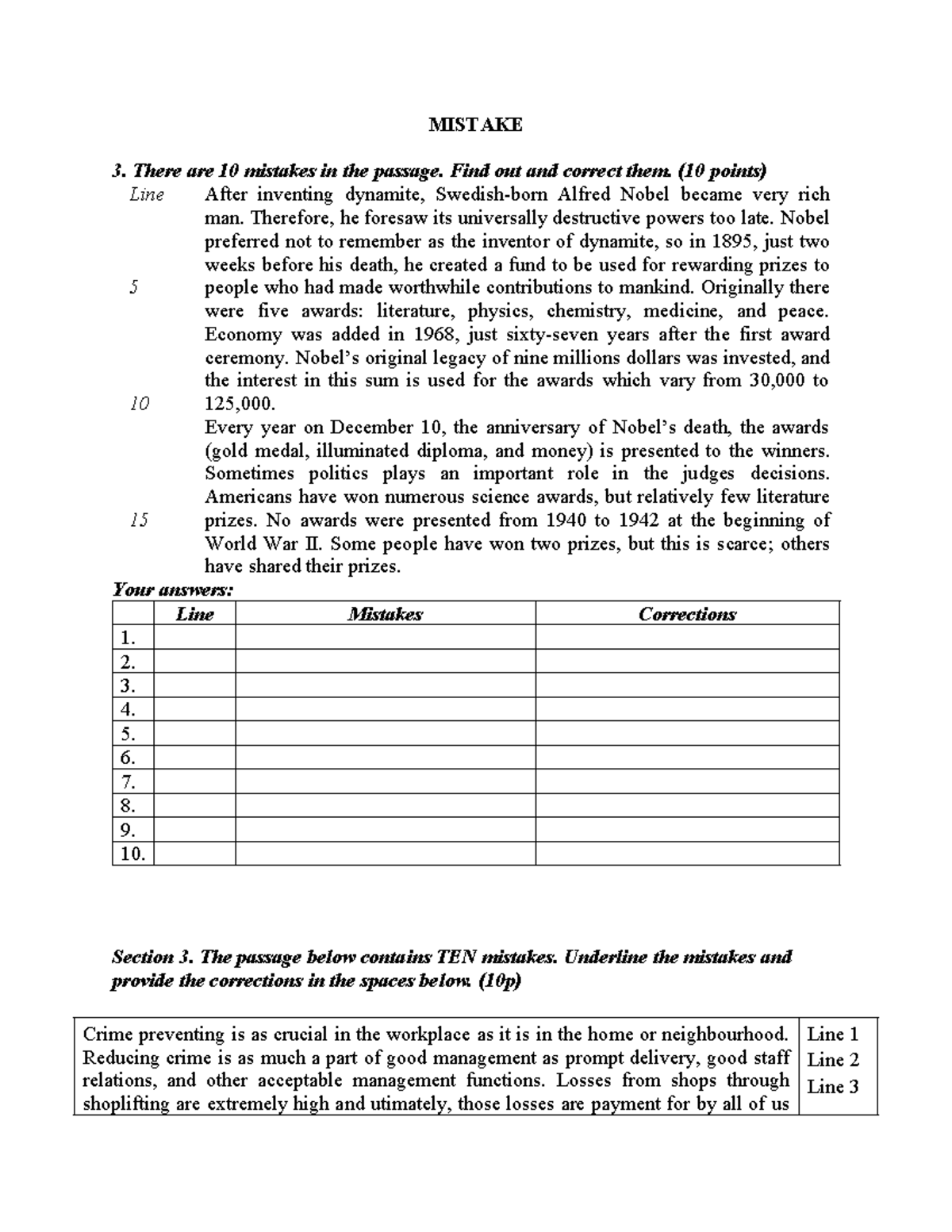 Mistake Correction Exercise: Identify and Amend Errors (10 points ...