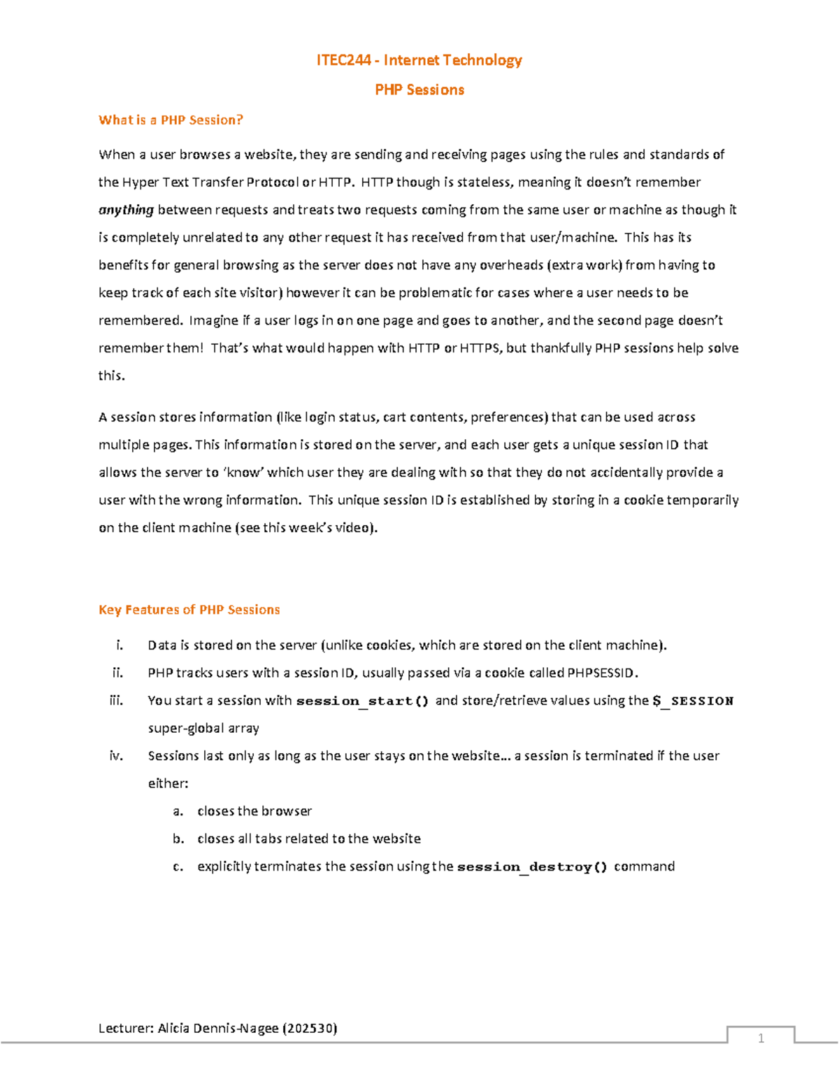 ITEC244 PHP Sessions Overview and Implementation Guide - Studocu