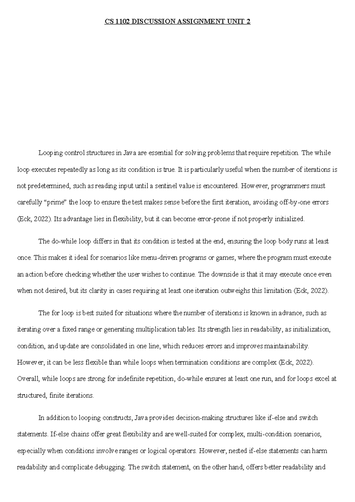 CS 1102 Discussion Assignment: Looping Control Structures in Java - Studocu