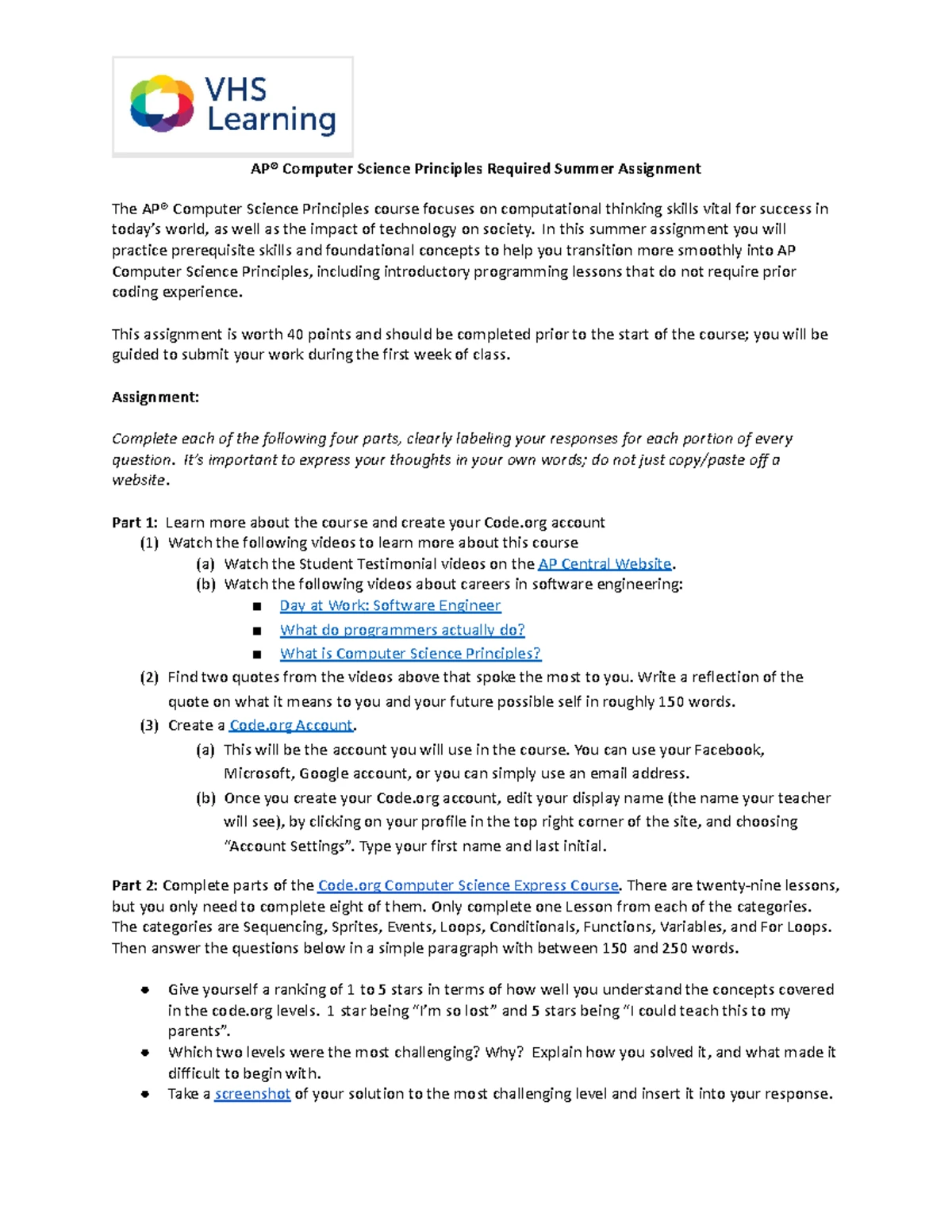 AP® Computer Science A Summer Assignment Tasks & Guidelines - Studocu