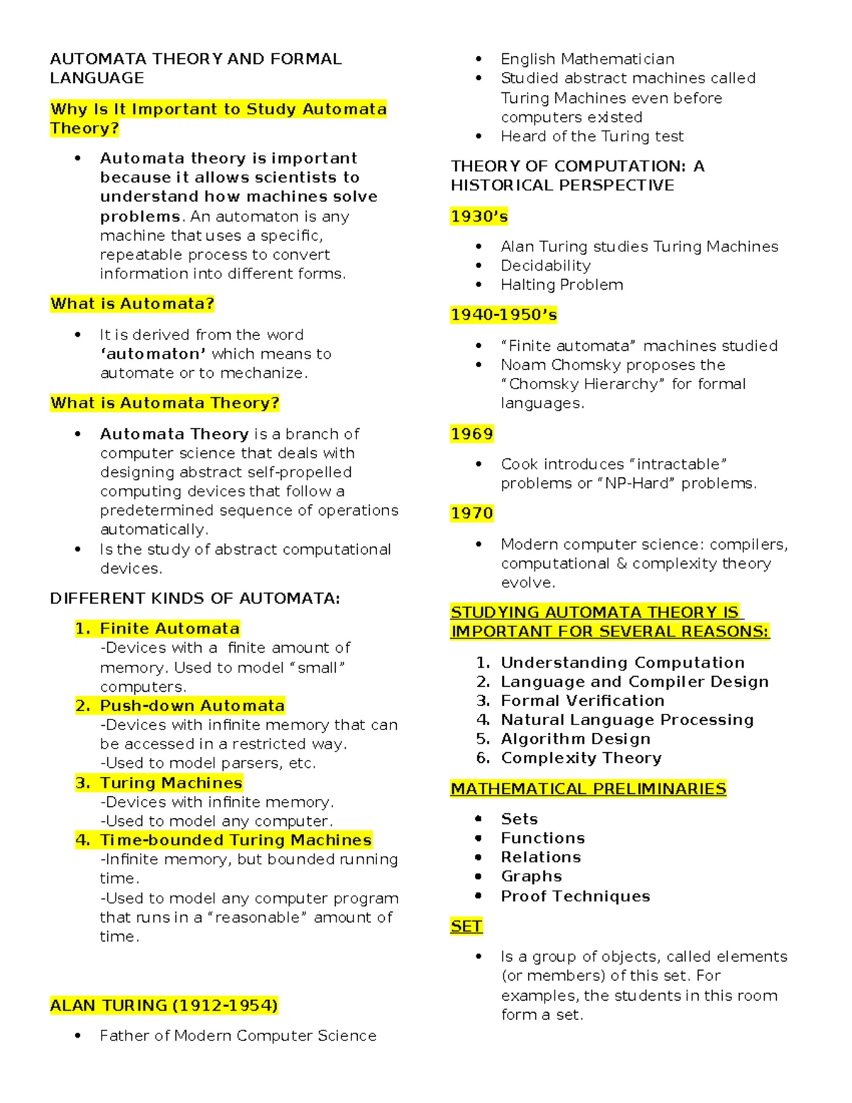 Automata Theory Review Notes for CS101 Lecture - Studocu