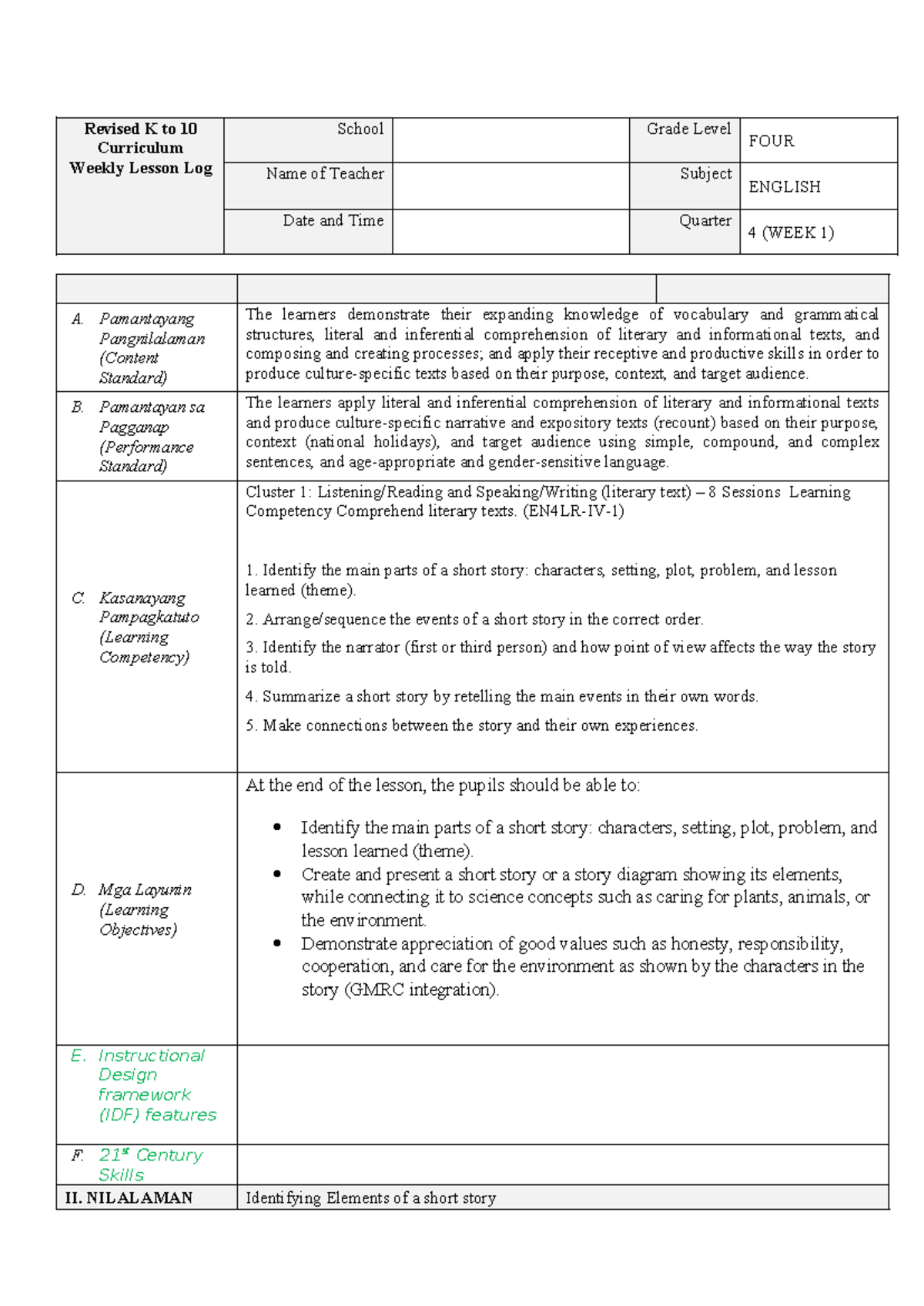 CO2 Q4 WEEK 1 English 4 - Elements of a Short Story Lesson Plan - Studocu
