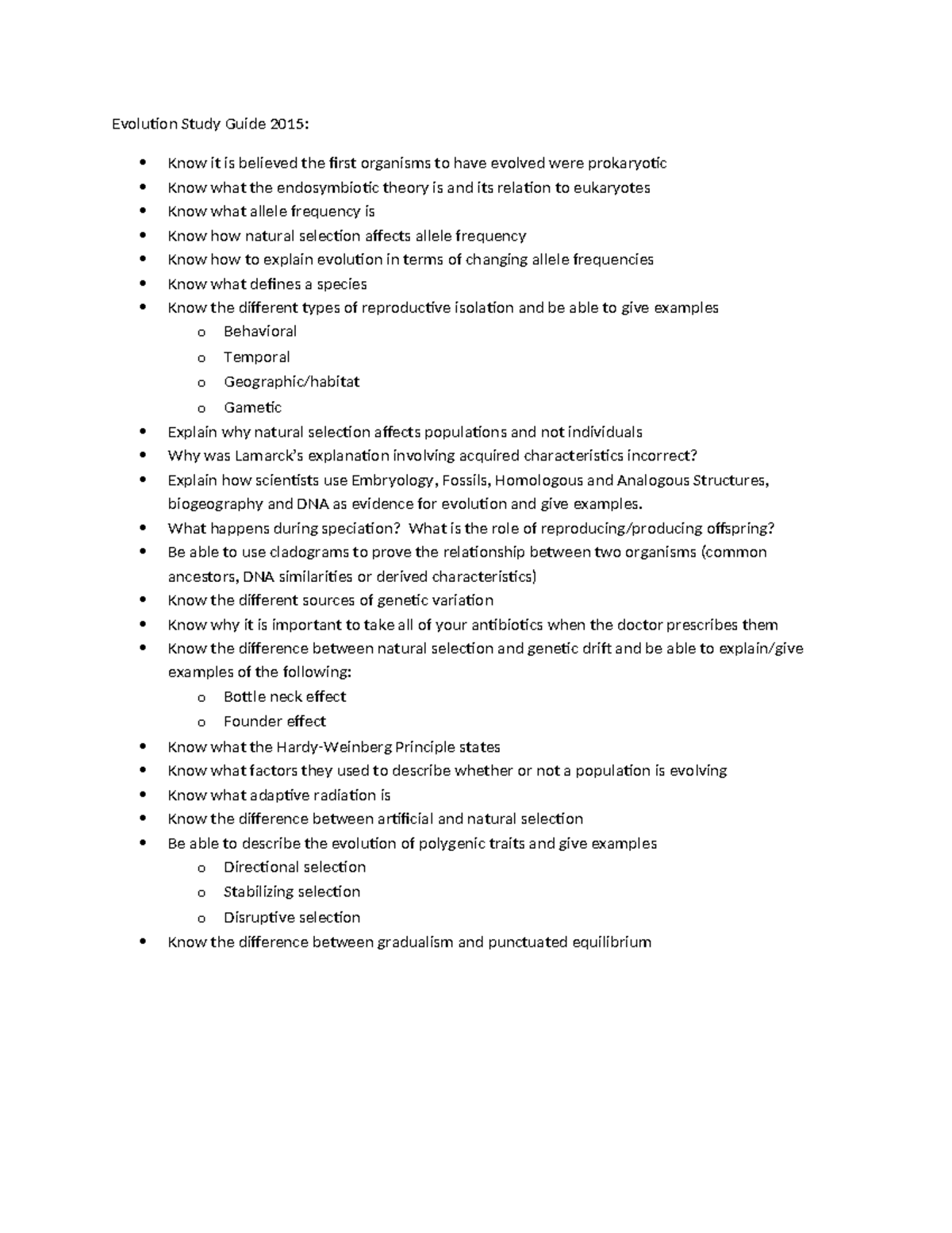 Evolution Study Guide 2015: Key Concepts and Theories - Studocu
