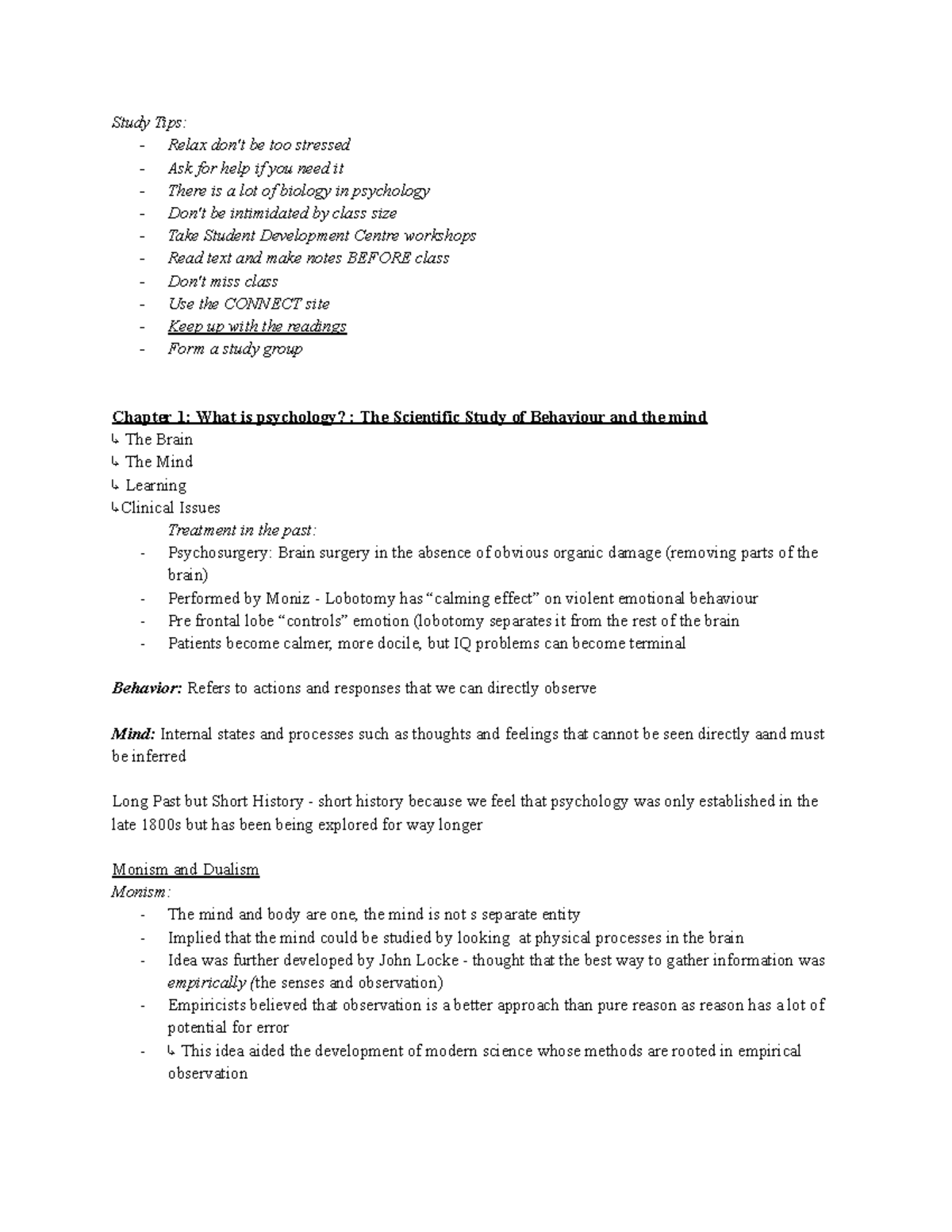 Psychology Lecture Notes: Understanding Behavior and Mind (PSY 101 ...
