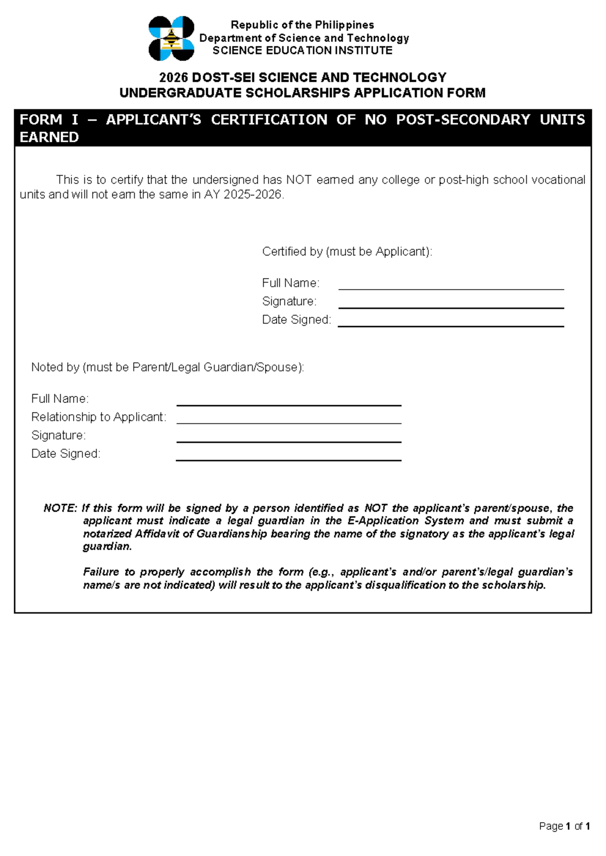 2026 DOST-SEI S&T Undergraduate Scholarship Application Form I - Studocu