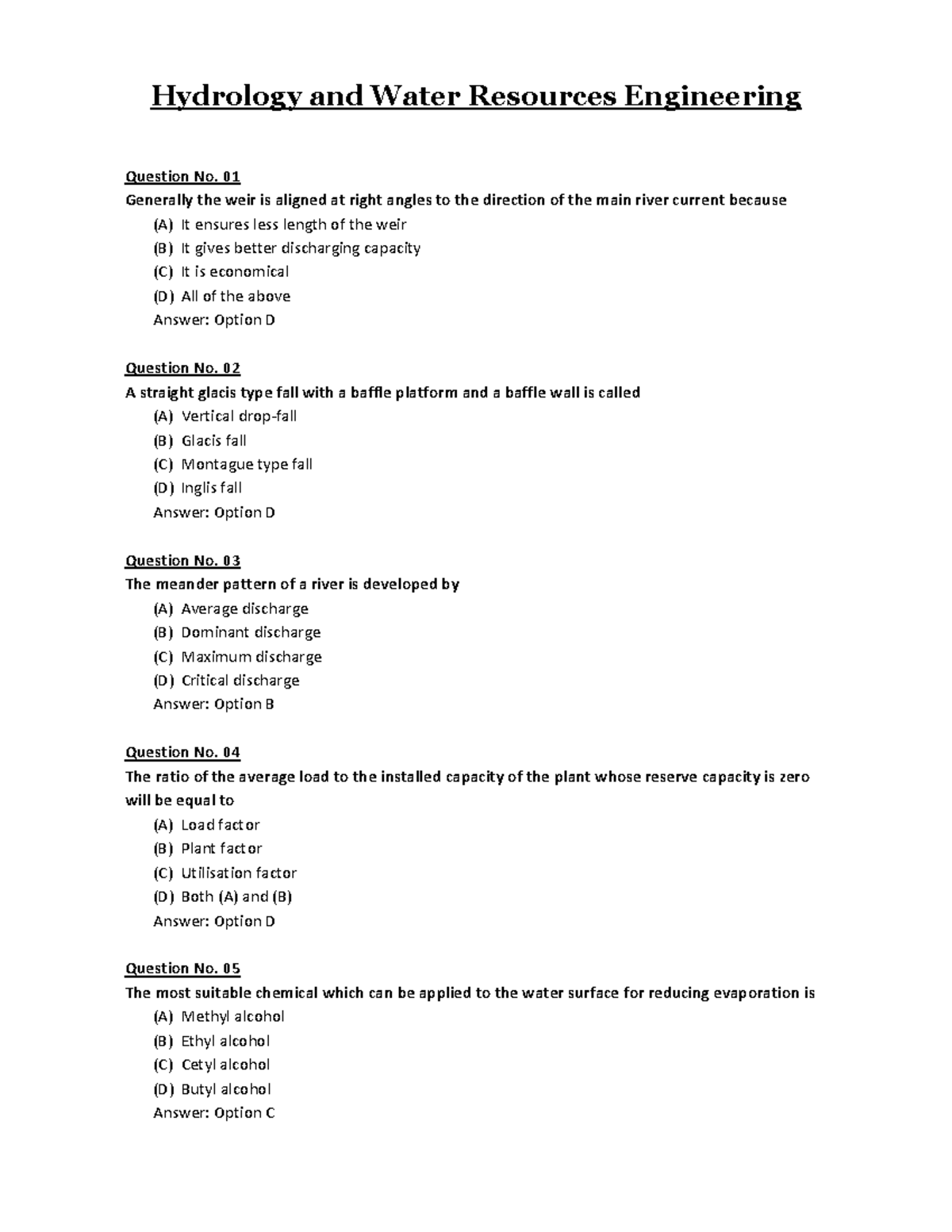 Hydrology and Water Resources Engineering Quiz (Course Code: EHFHUE ...