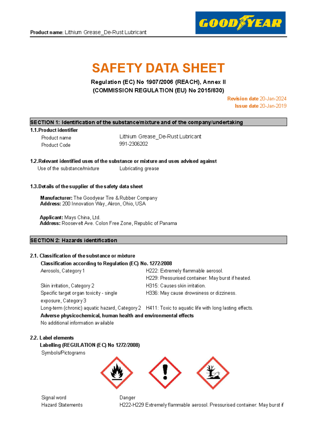 MSDS (991-2306202) for Lithium Grease De-Rust Lubricant - Studocu