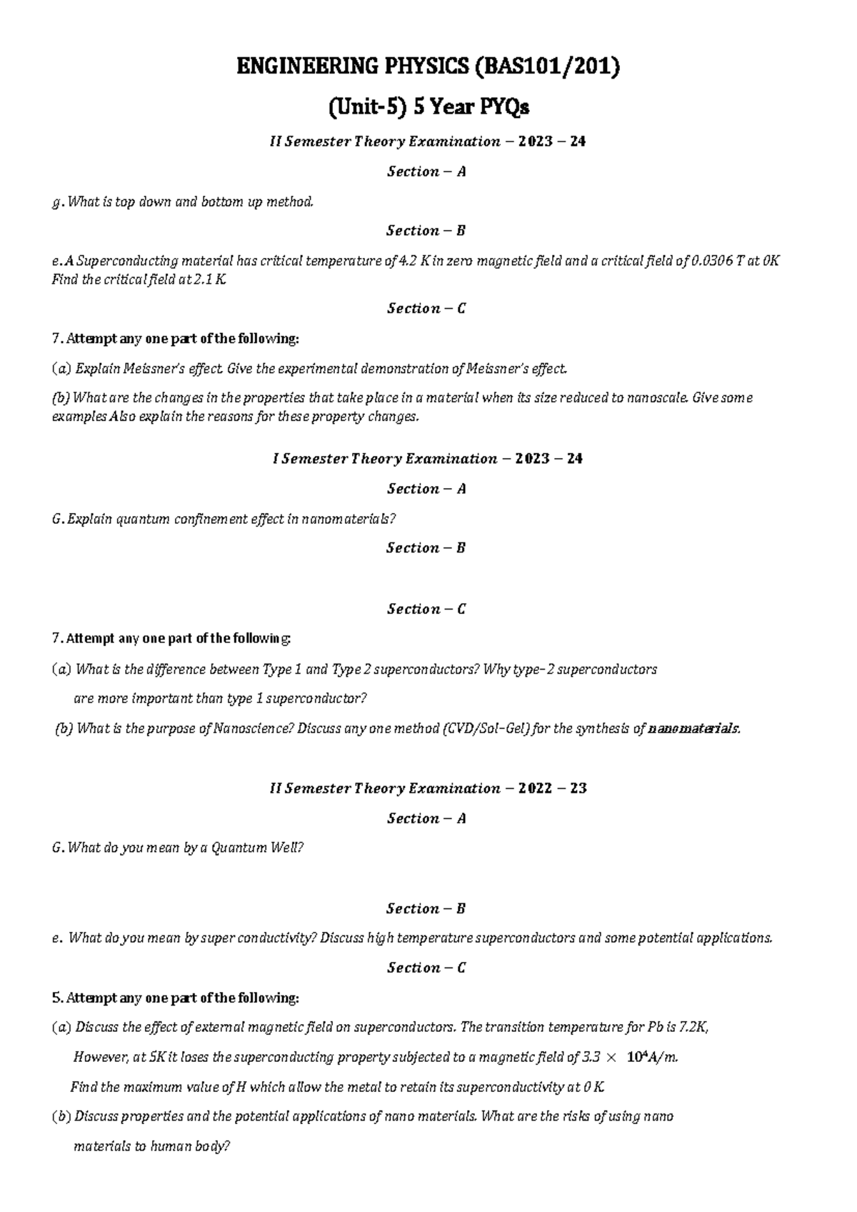 Engineering Physics II Sem 5 Year PYQs & Theory Exam 2023 - Studocu