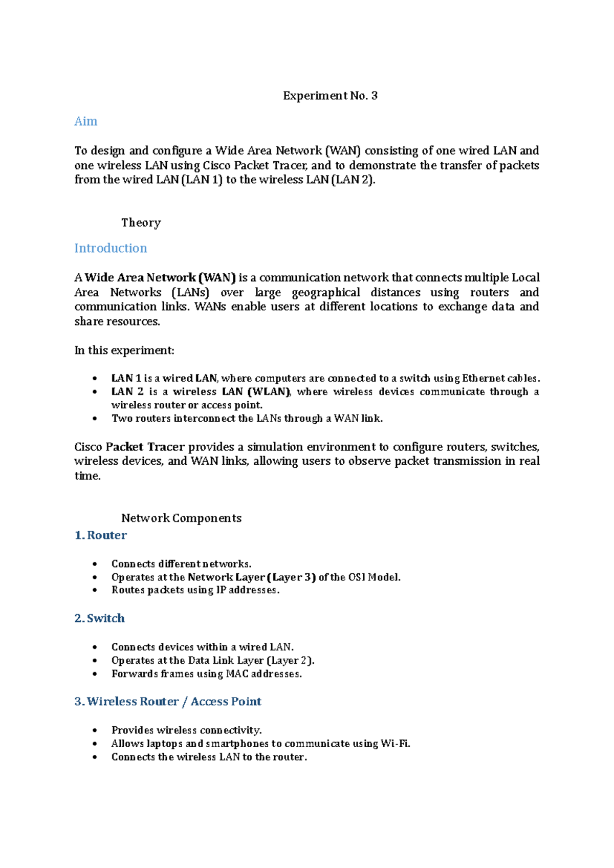 Experiment No. 3: Configuring a WAN with Wired & Wireless LANs in Cisco ...