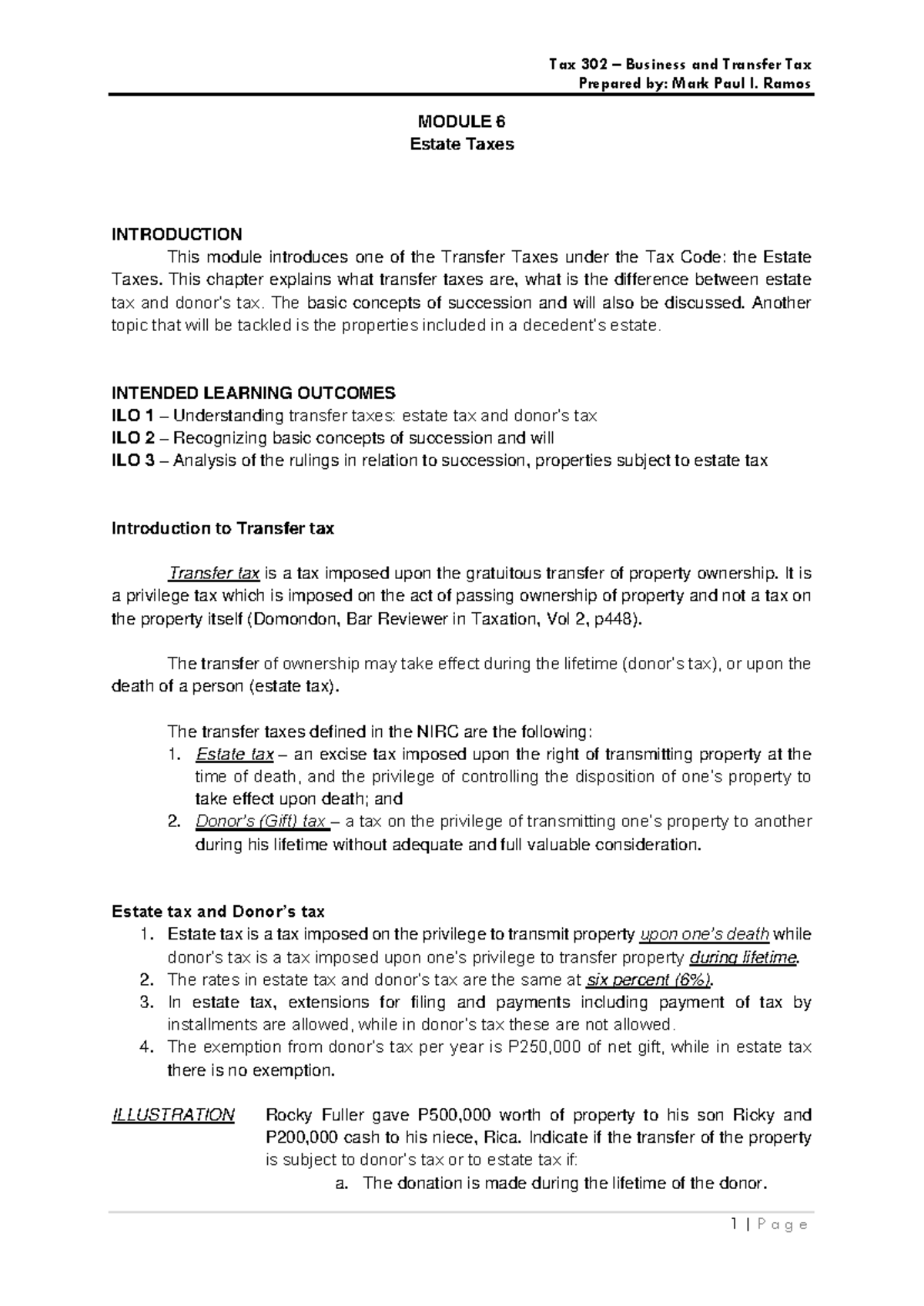 Tax 302 Business and Transfer Tax Module 6: Estate Taxes notes - Studocu