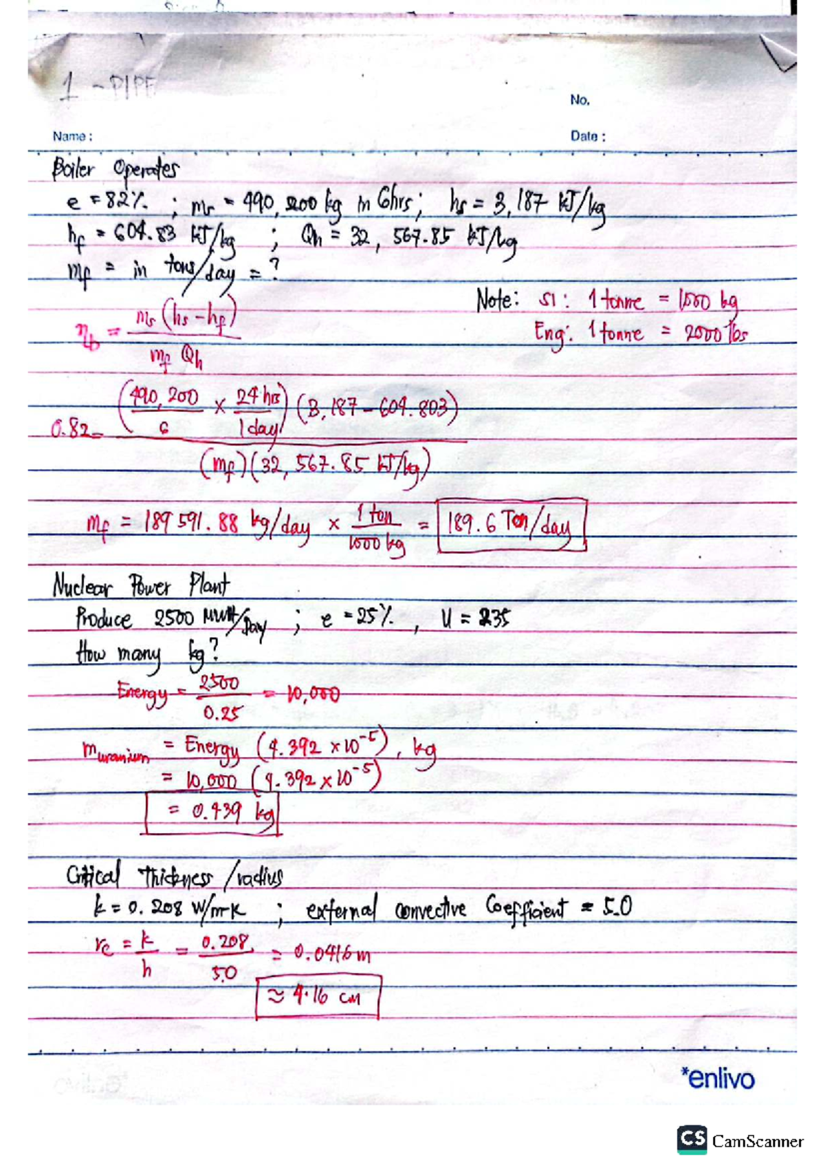 1 PIPE No. Name: Date: Solved Problems in Thermodynamics and Fluid ...