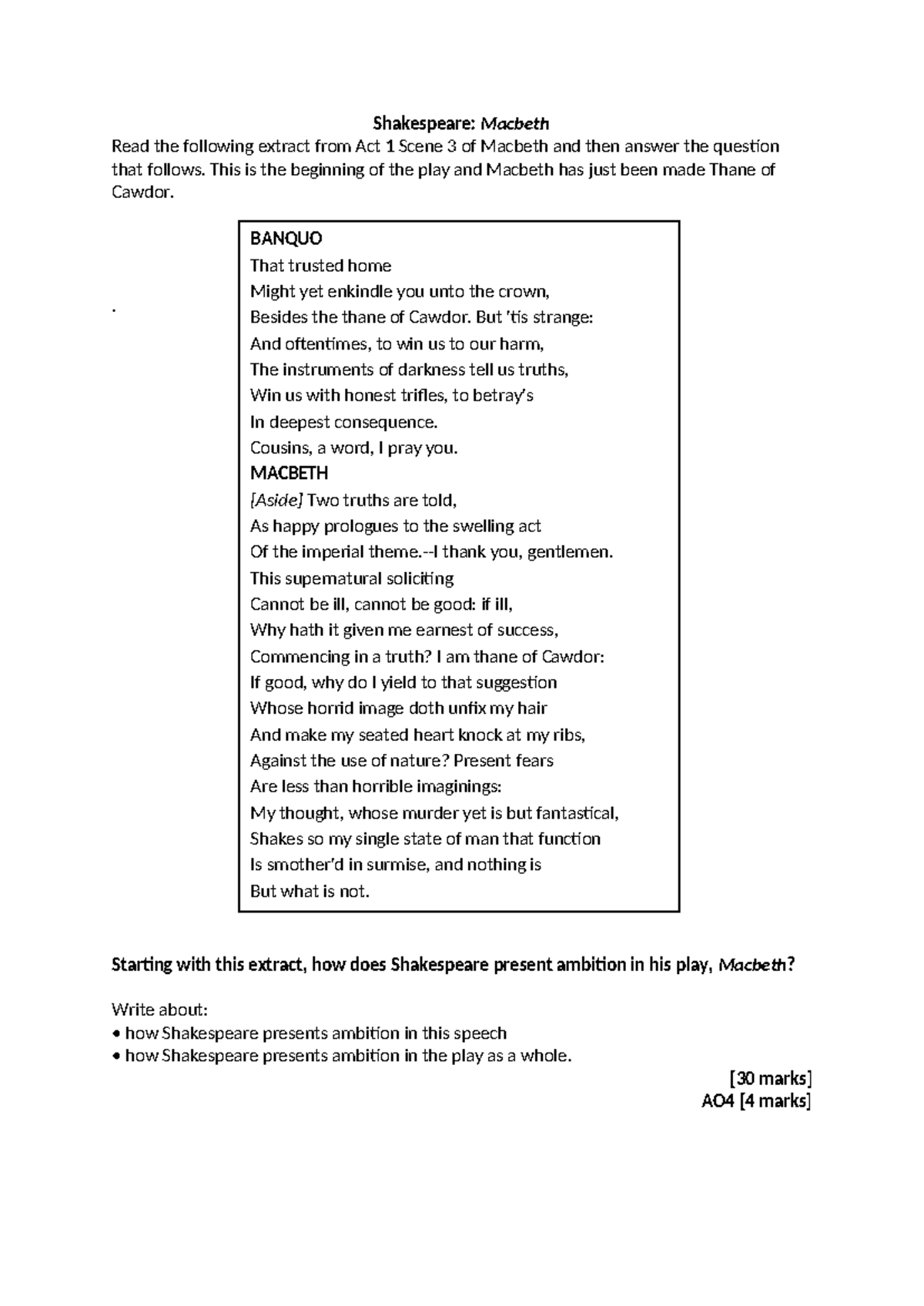 Macbeth (ENG 101) - Ambition in Act 1 Scene 3 Analysis & Question - Studocu