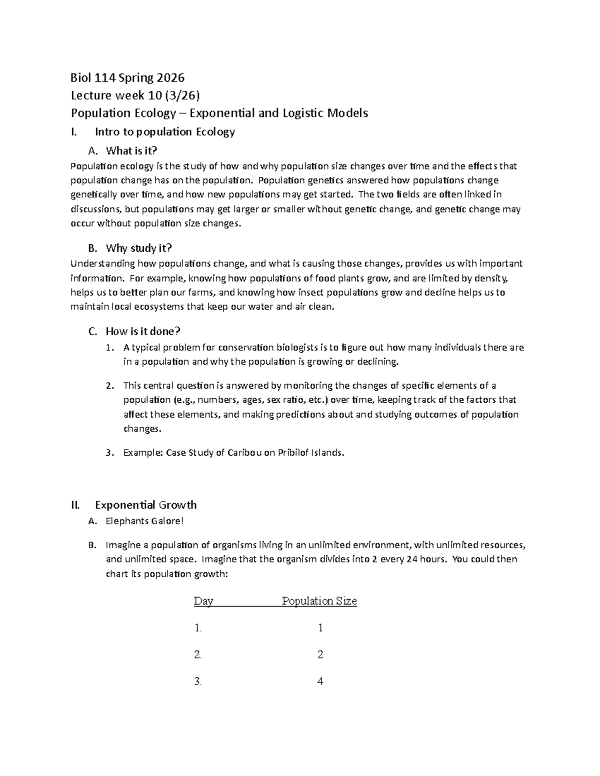 Biol 114 Spring 2026 Lecture Week 10: Population Ecology Models - Studocu