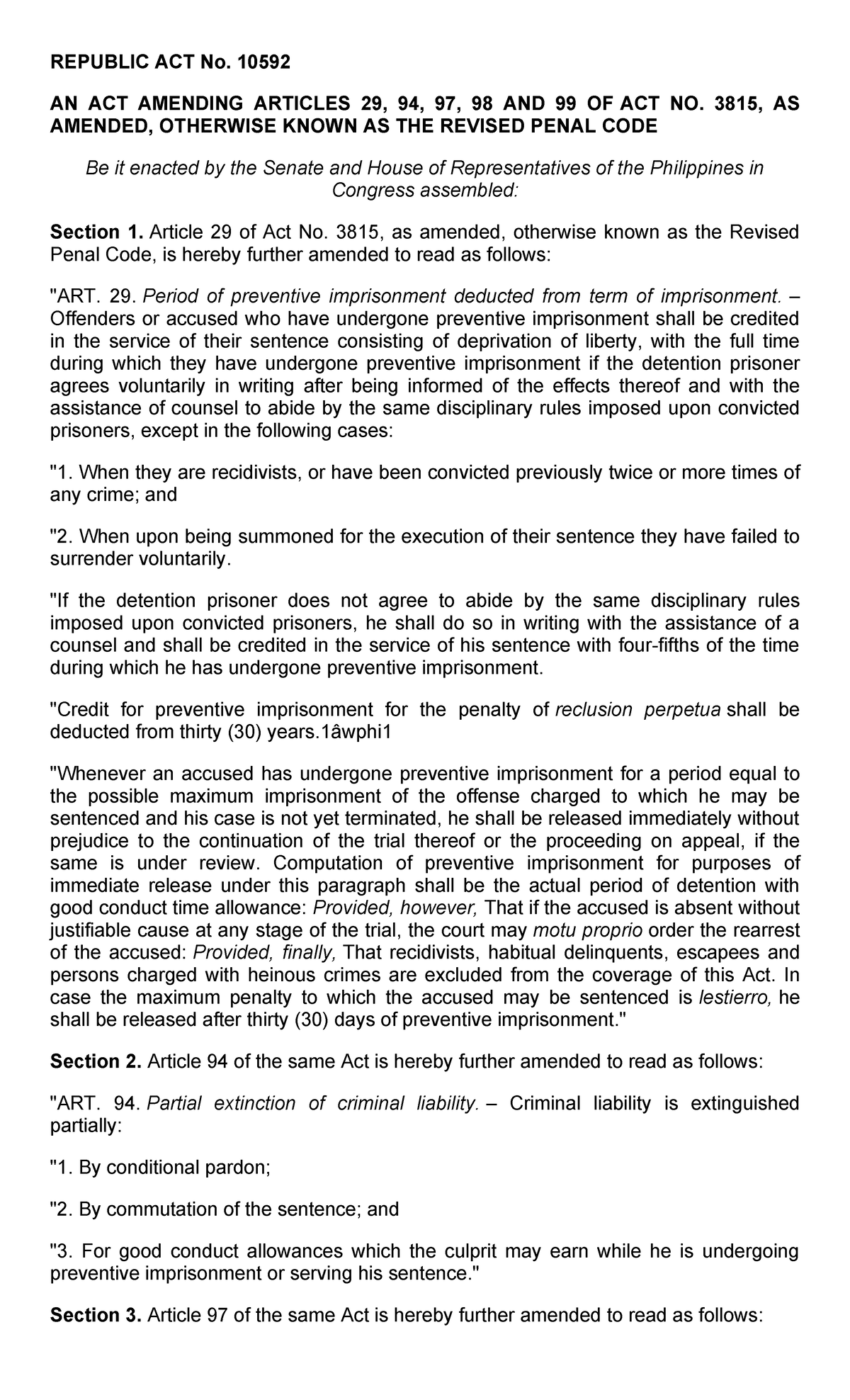Amendments to Articles 29, 94, 97, 98, and 99 of RA 10592 - Studocu