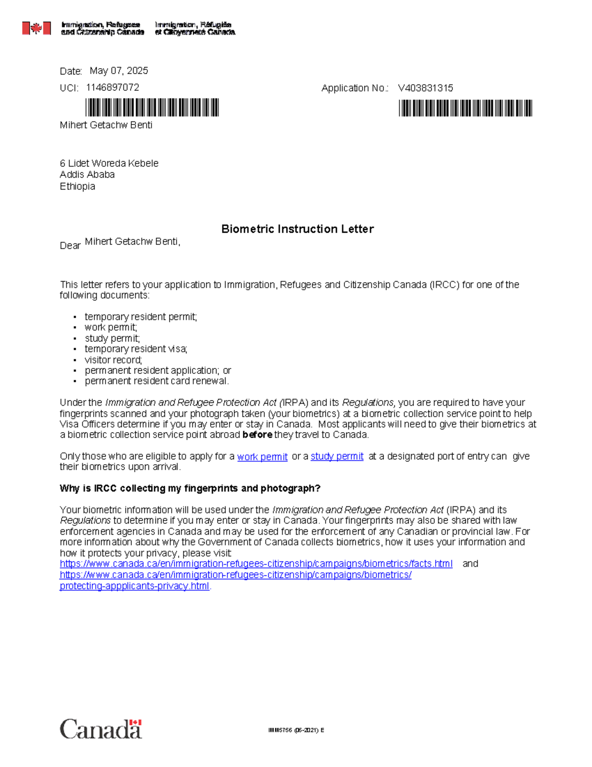 Biometric Instruction Letter for IRCC Application - IMM5756 - Document Preview