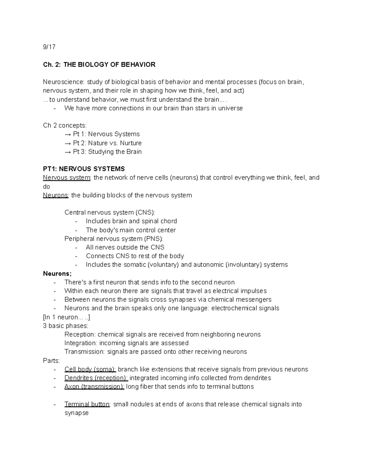Psychology Class Notes: Ch. 2 - The Biology of Behavior (PSY101) - Studocu