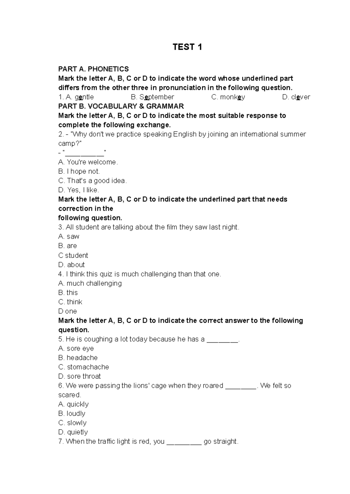 TEST 1 PART A & B: PHONETICS & VOCABULARY GRAMMAR - Studocu