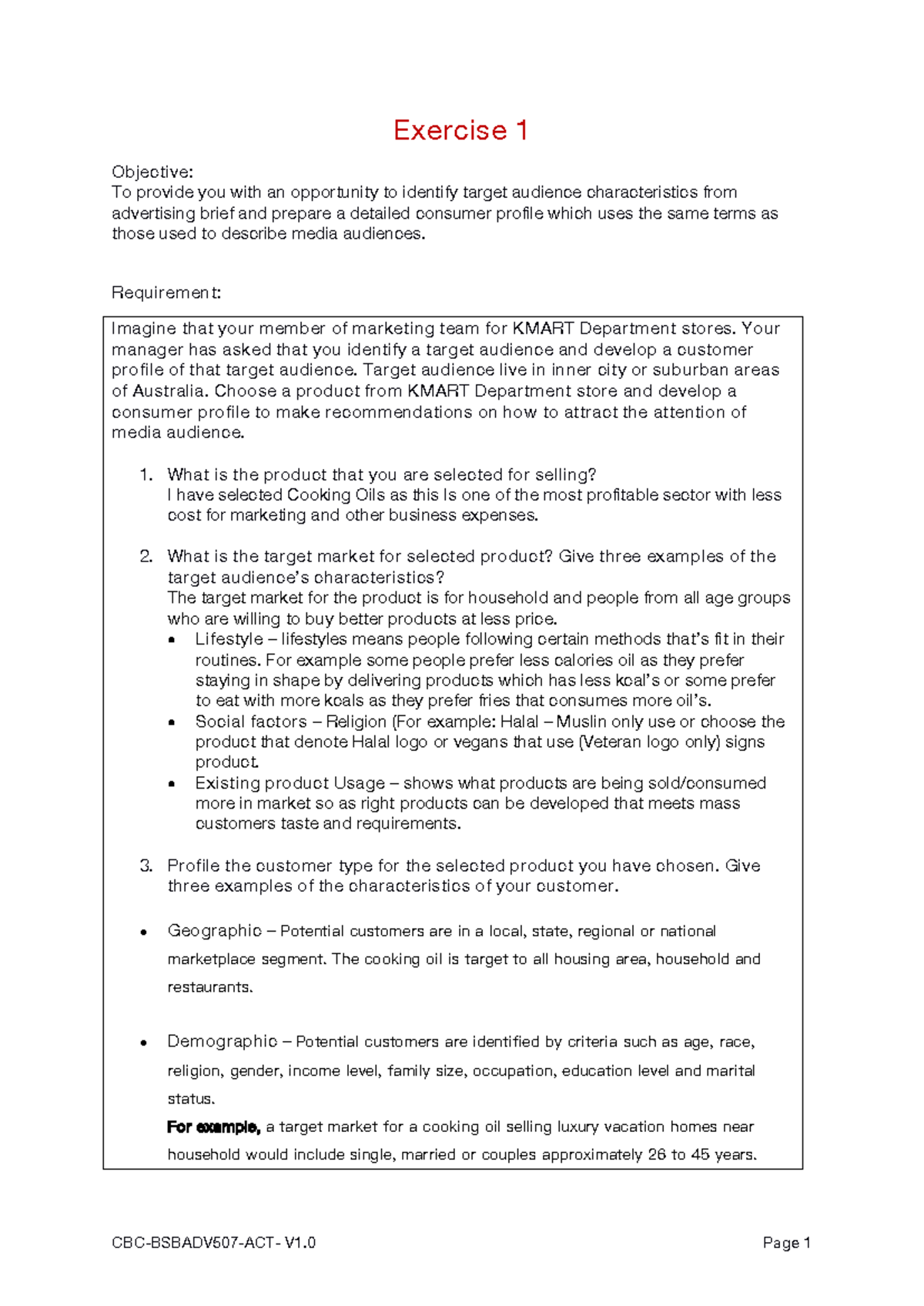 BSBADV507 Exercise 1: Developing a Consumer Profile for Cooking Oils ...