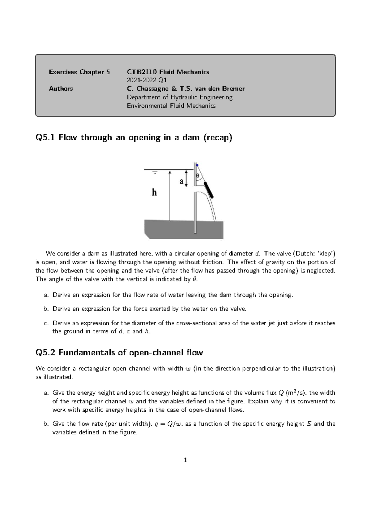 Exercises Chapter 5 CTB2110 Fluid Mechanics - Flow Analysis and ...