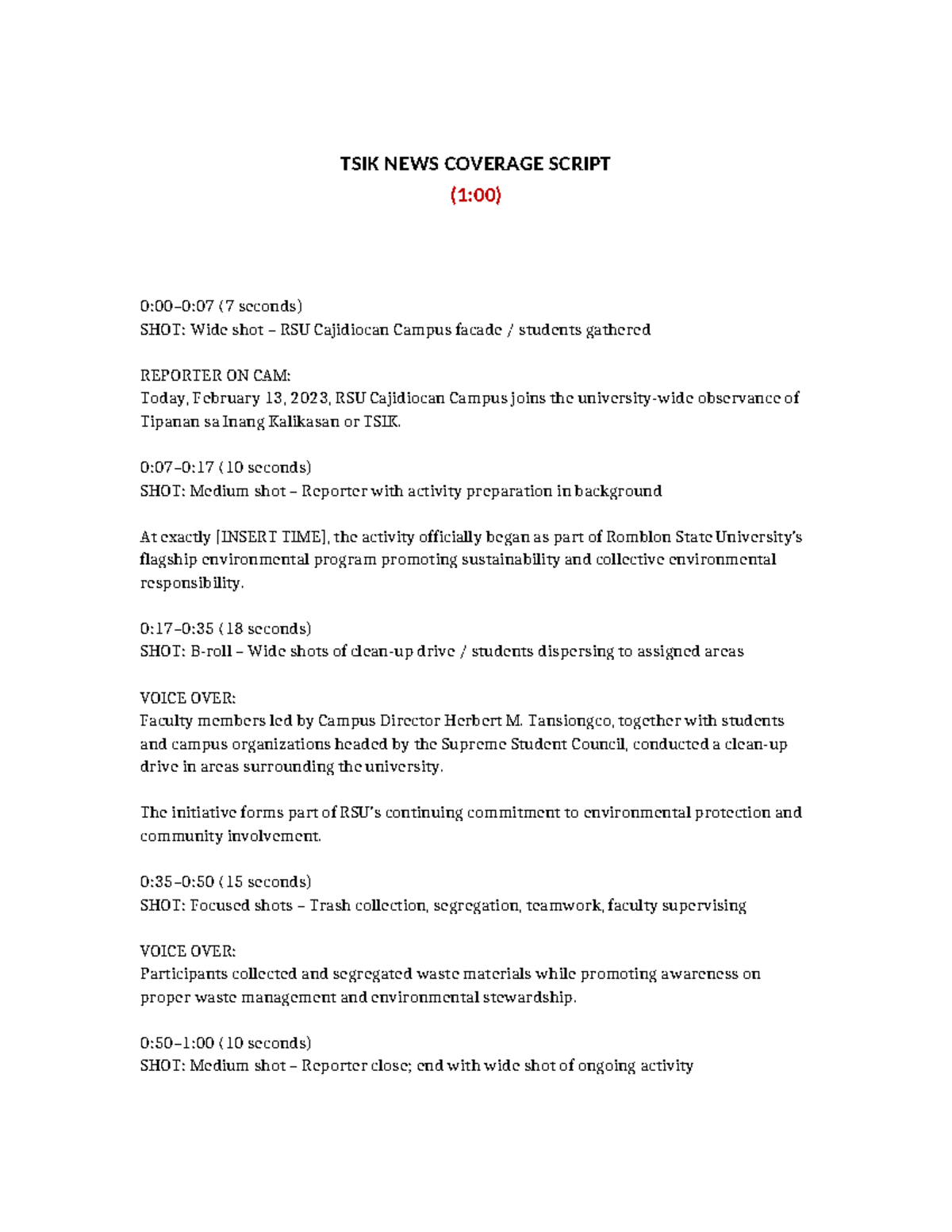 TSIK News Coverage Script: RSU Cajidiocan Campus Event - Studocu