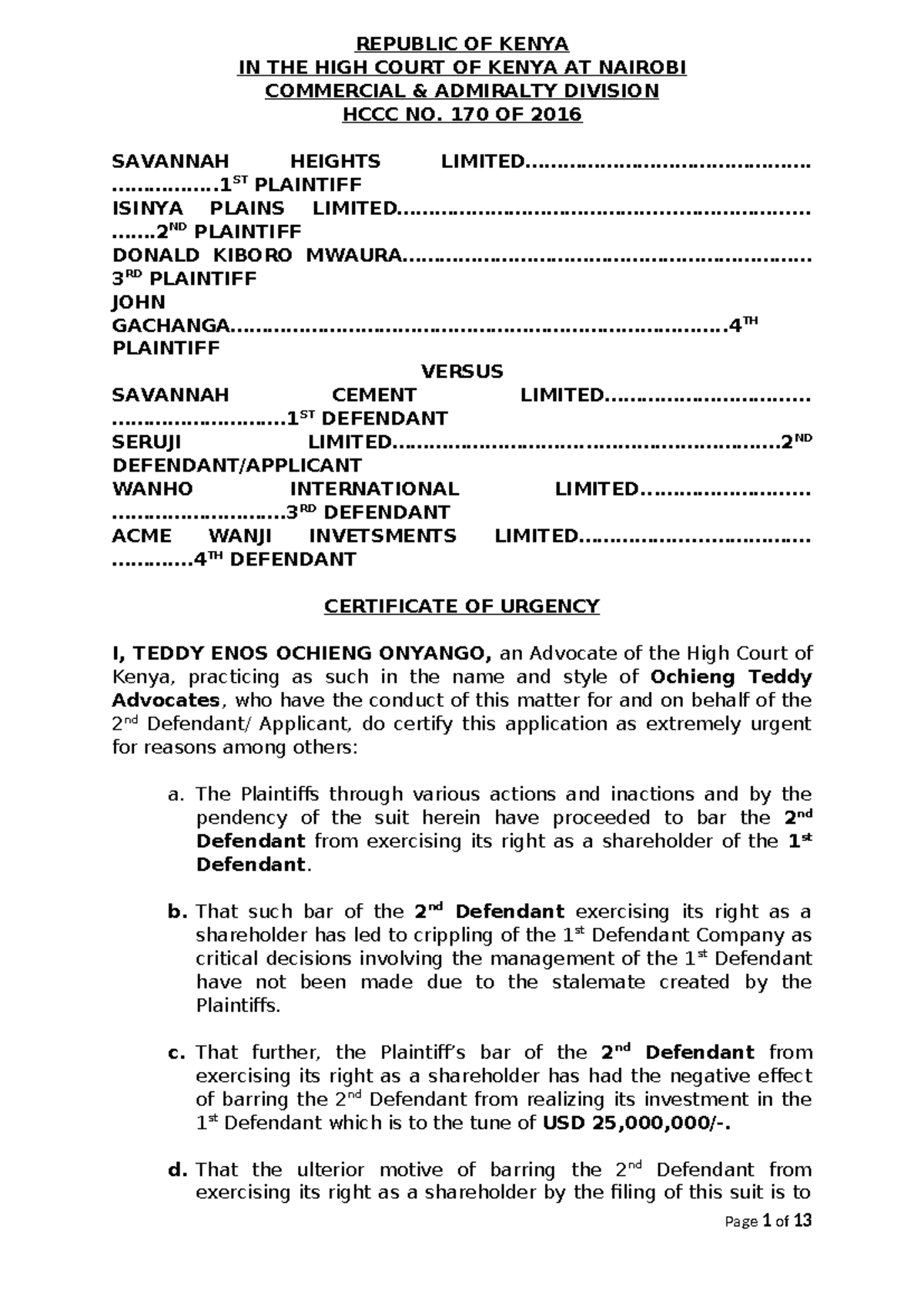 HCCC 170/2016: Application to Strike Out Suit & Certificate of Urgency ...