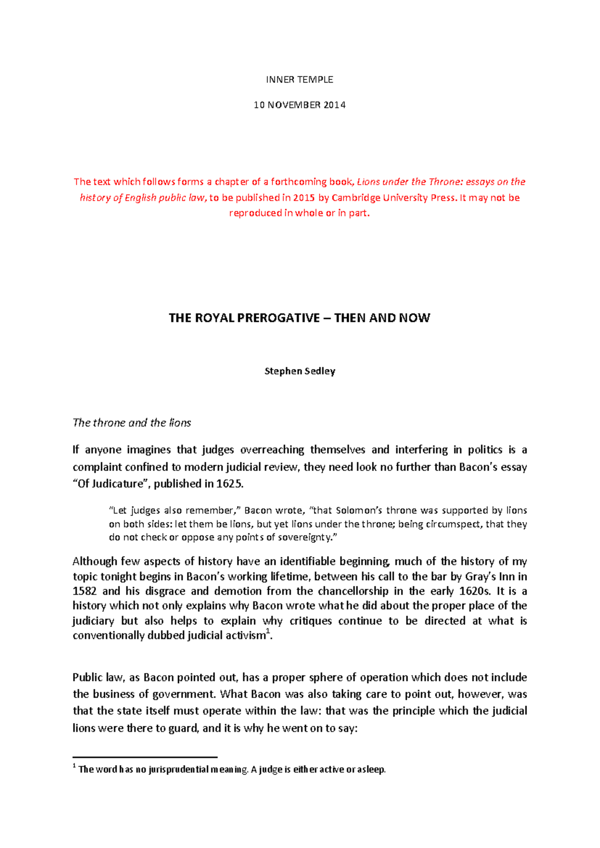 Lecture Notes: The Royal Prerogative by Stephen Sedley - Inner Temple ...