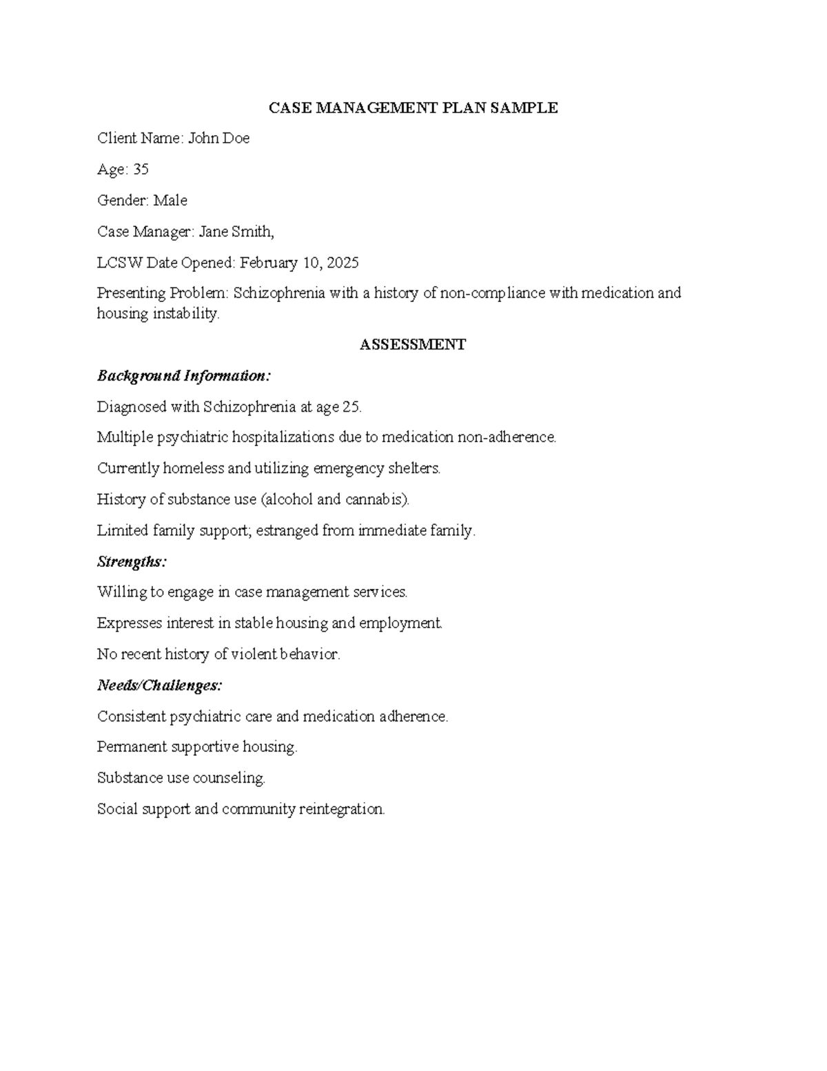 CASE MANAGEMENT PLAN SAMPLE for Client John Doe: Schizophrenia Care ...