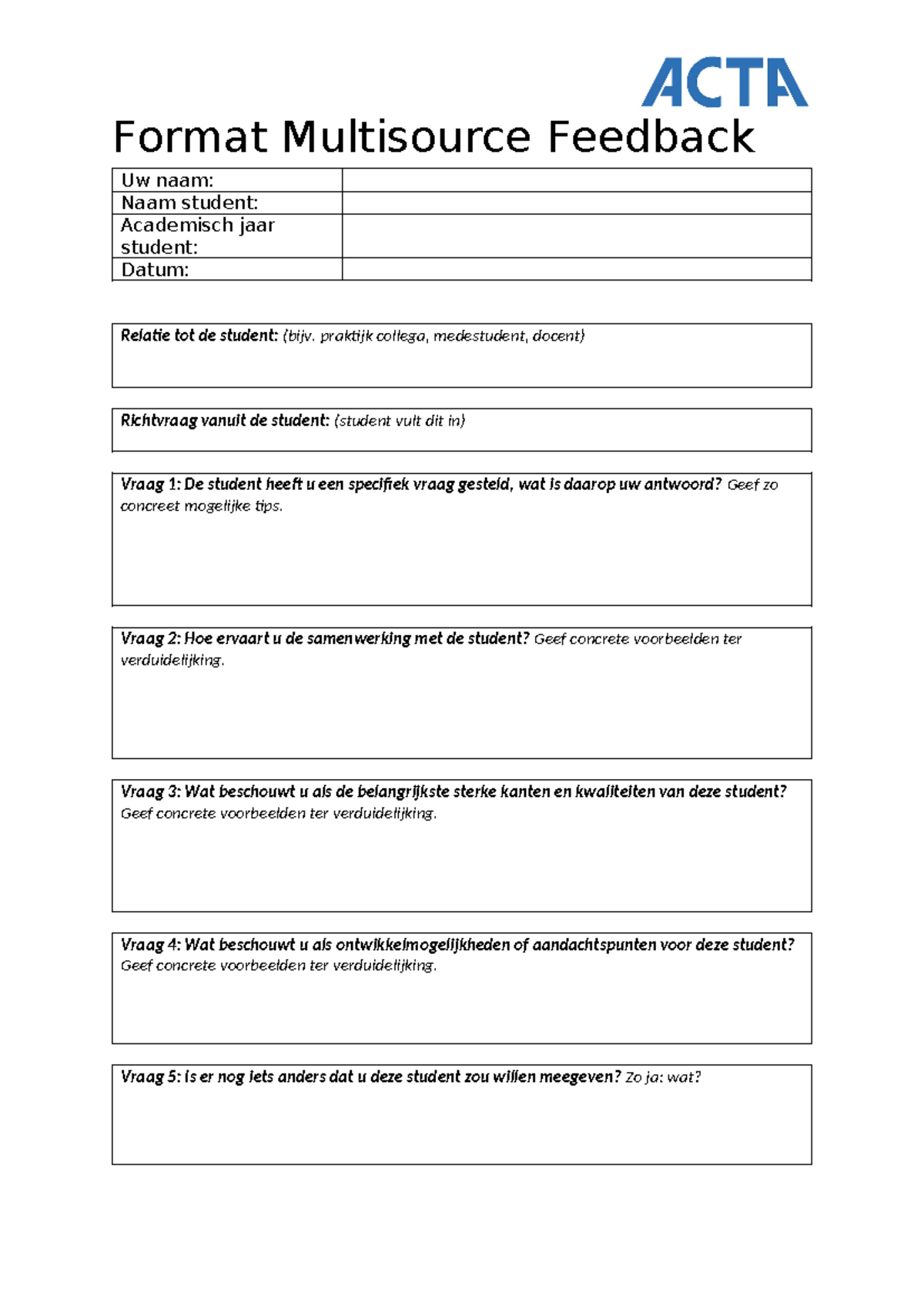 Format van Multisource Feedback Document voor Studenten - Studeersnel