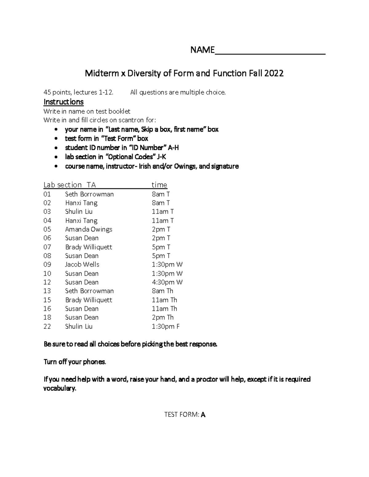 Midterm Exam 1 Key, Fall 2022: Diversity of Form & Function Form A ...